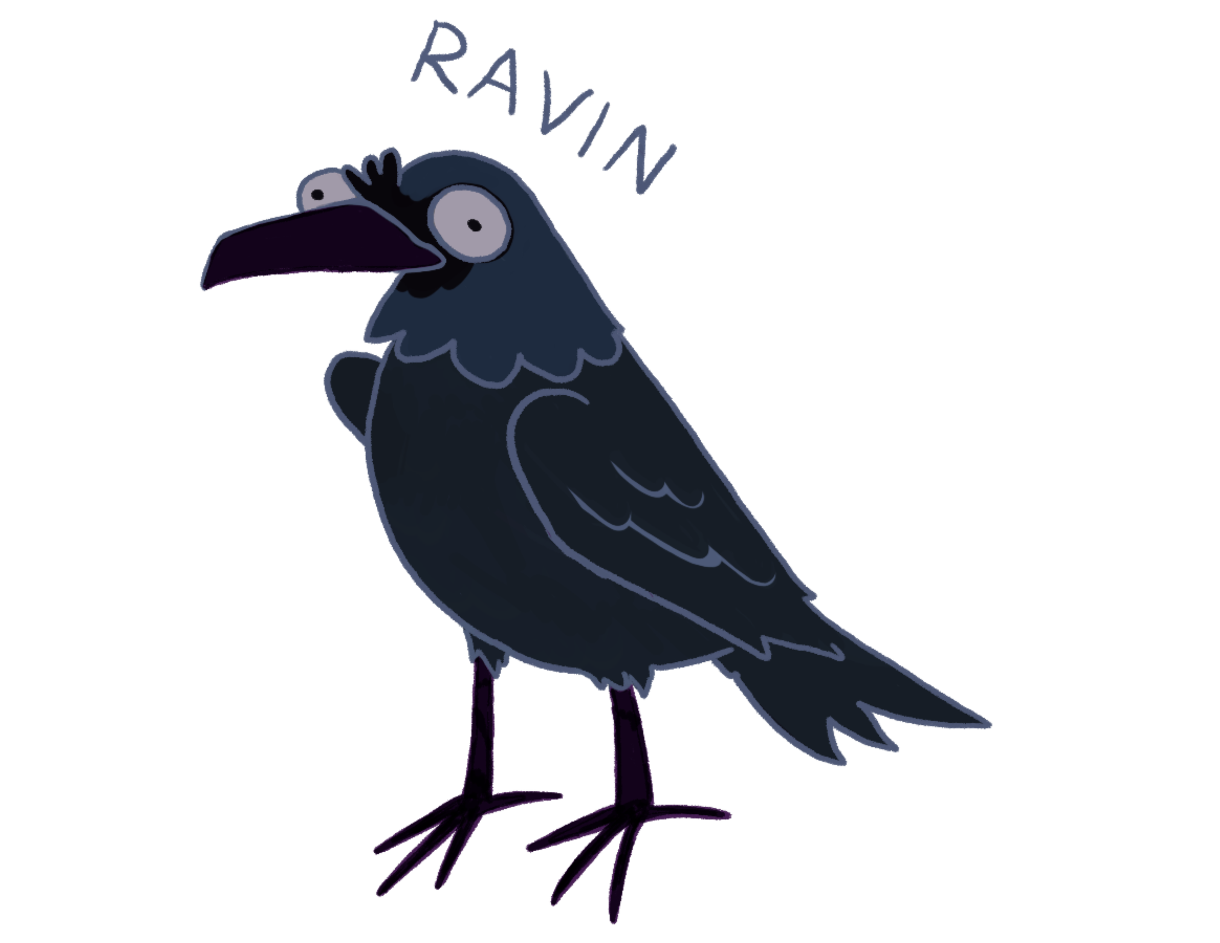 Black Raven with large eyes, a big beak, and the phrase 'RAVIN' written above in stylized letters.