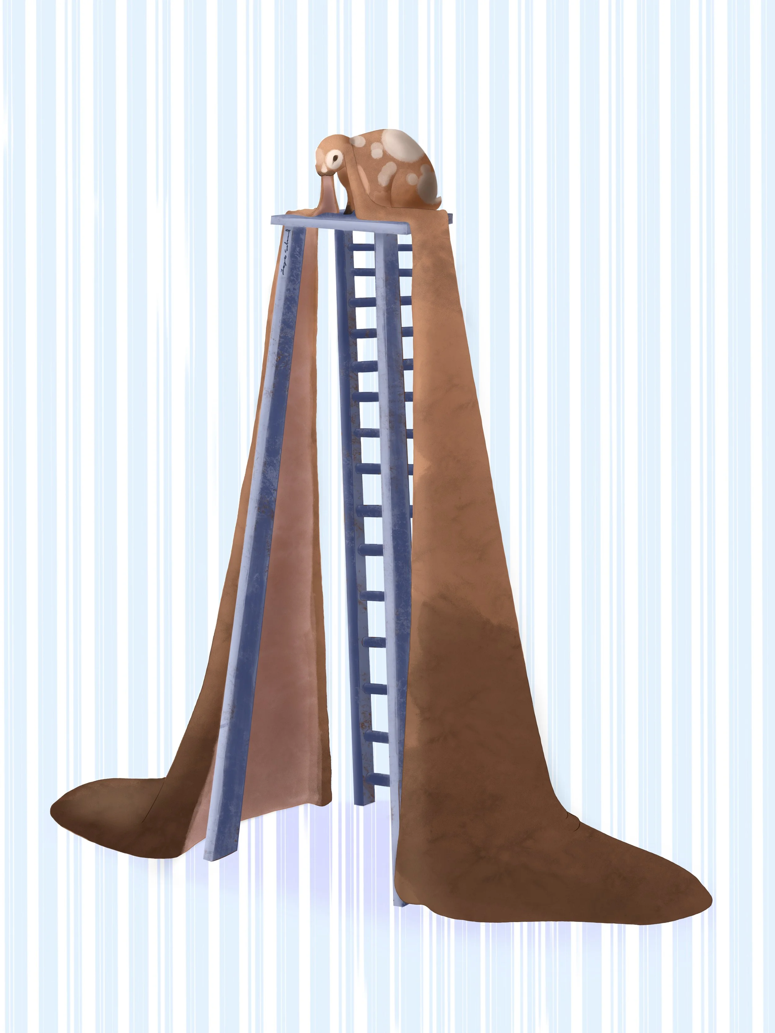 A small rabbit on a tall ladder with ears hanging down from the top, against a light blue striped background.