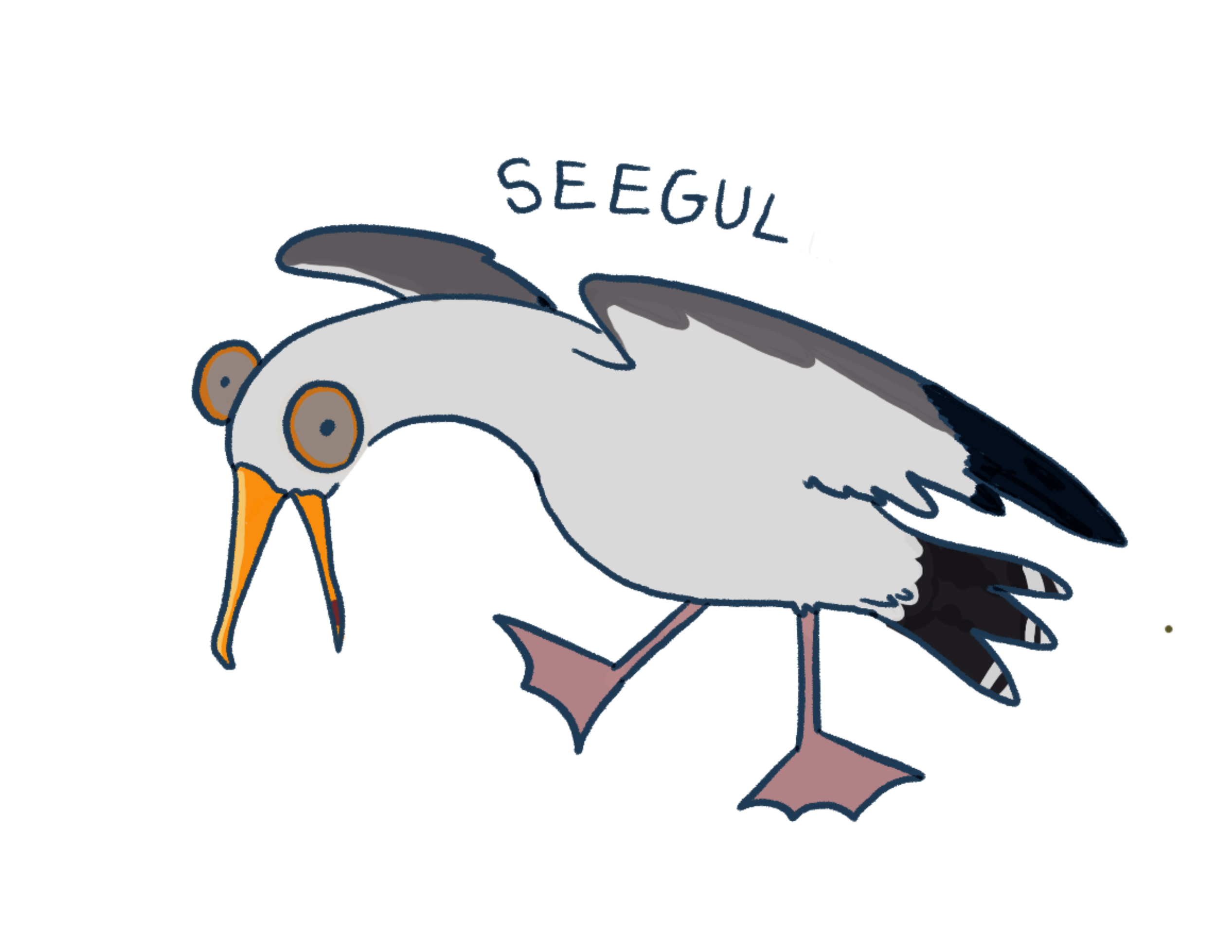 A cartoon seagull standing on one leg with its head tilted downward and one wing extended, displaying its beak and feathers.