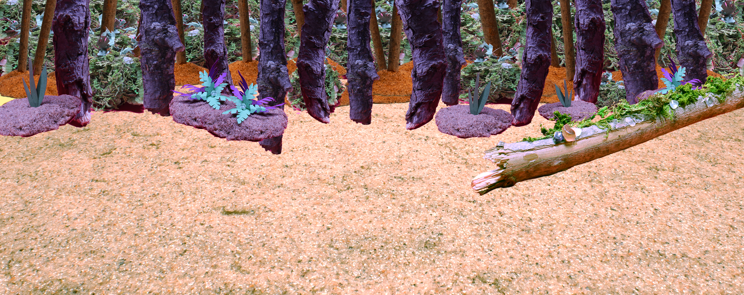 A rough pass of an island background, Every island object and plant life was crafted and photographed before being collaged digitally.