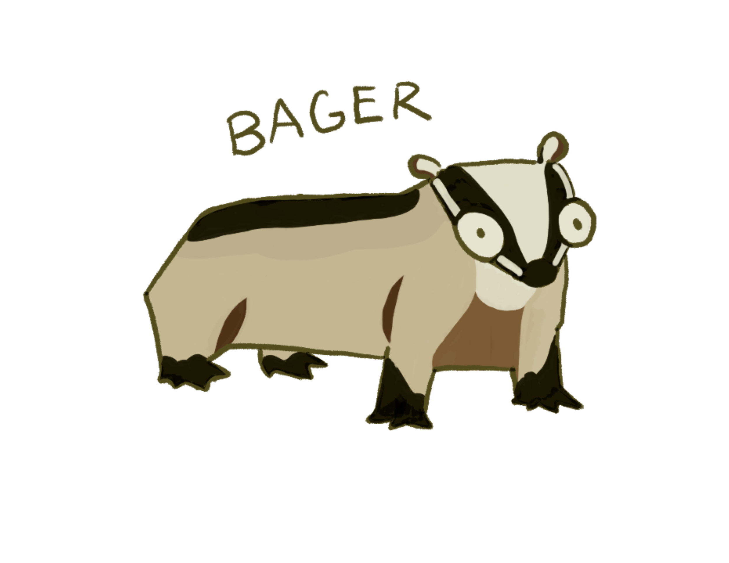 Cartoon image of a badger with large eyes with the word 'BAGER' above it.