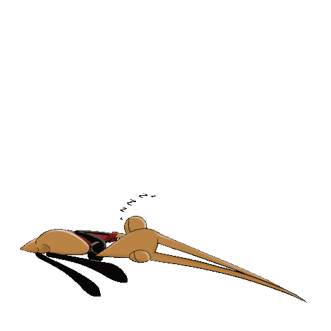 Cartoon character curled up on the ground, sleeping.