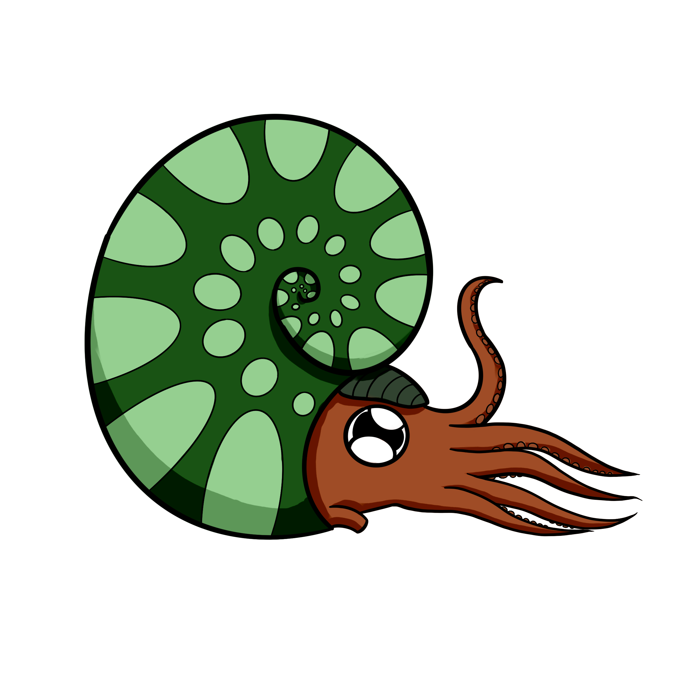 A cartoon green nautilus shell with a brown octopus face, large eyes, and tentacles extending from the shell on a black background.