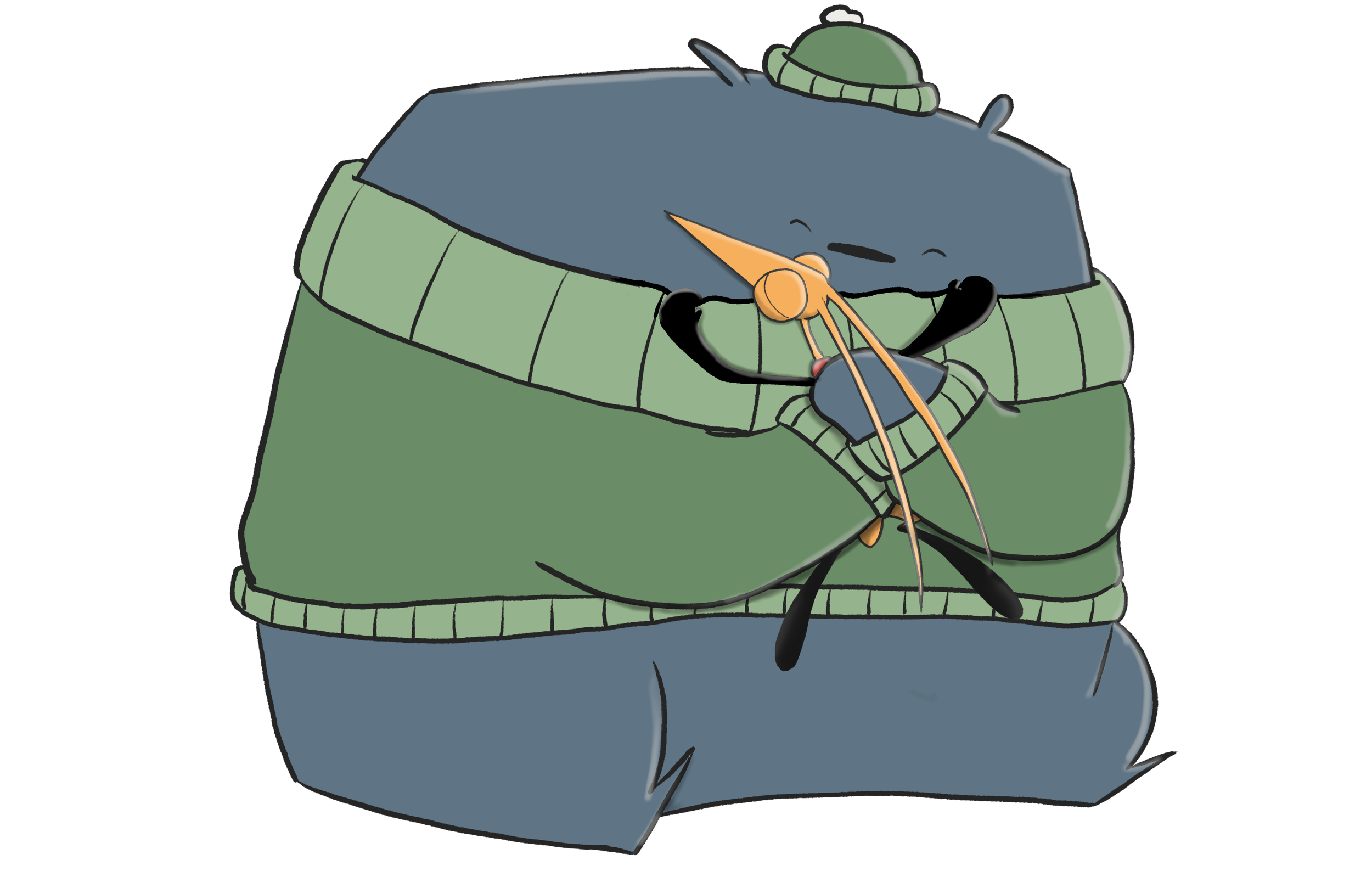 A cartoon blue bear wearing a green sweater, hugging an orange rabbit, smiling with eyes closed.