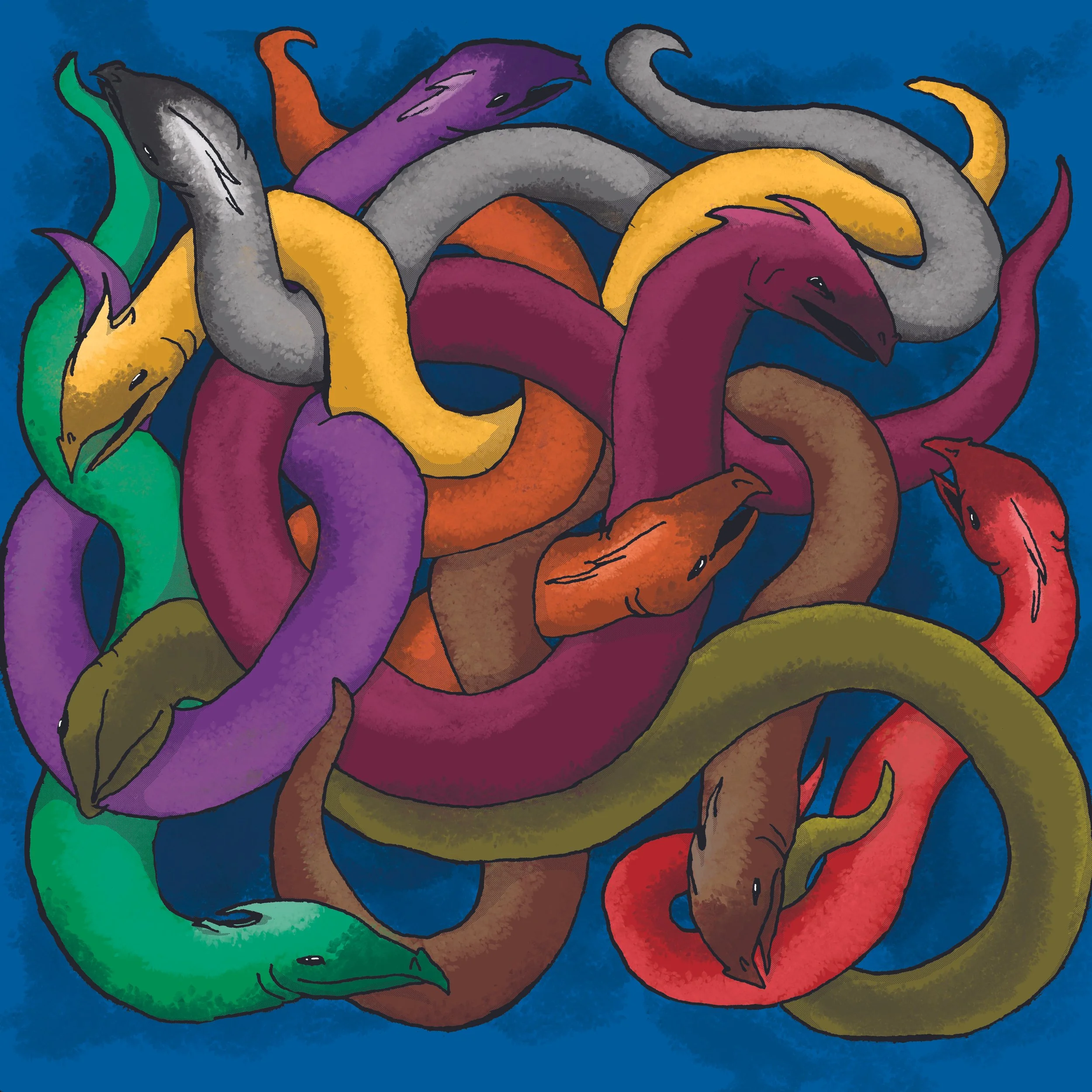 Colorful illustration of numerous intertwined snakes of different colors against a blue background.