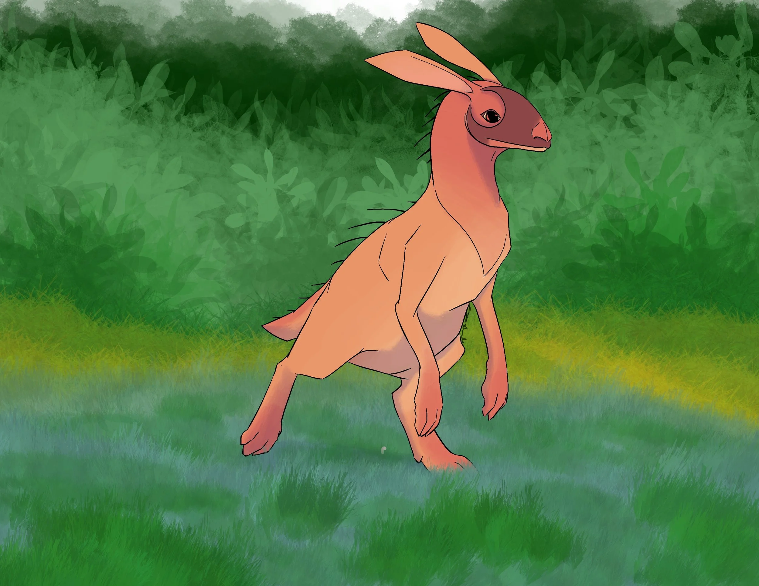 A mixed creature with the body of a rabbit and the face of a kangaroo standing on grass in a lush green landscape.