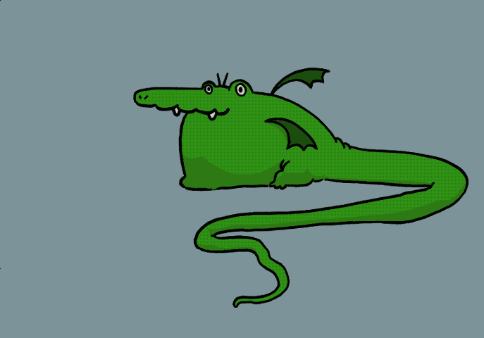 A cartoon dragon with bat wings and big eyes, belching fire.