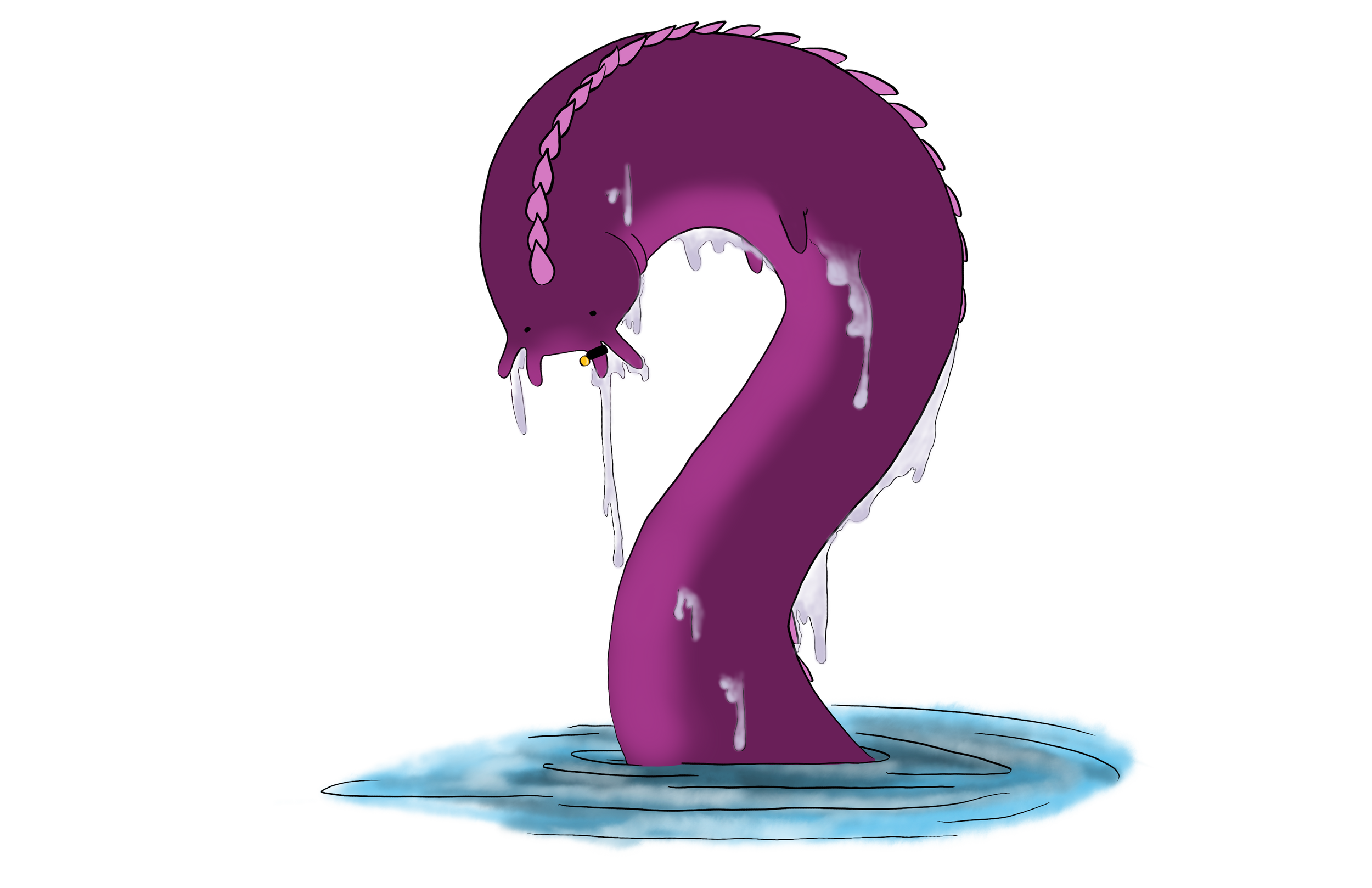 A large purple sea monster with a goopy design, emerging from a pool of water.