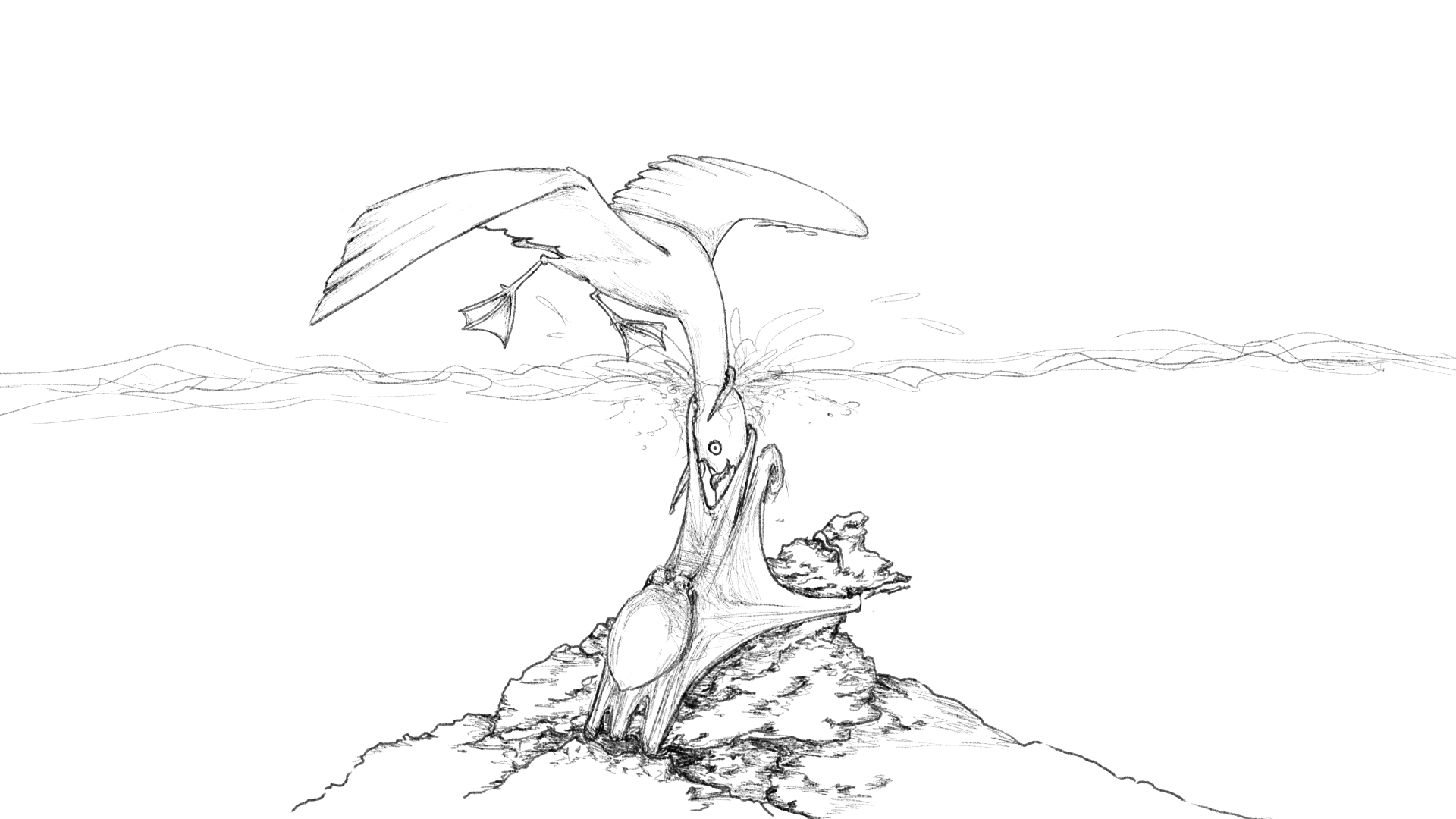 A bird flying with its head and neck submerged underwater caught by the arms of an octopus and a rocky shoreline in the background.