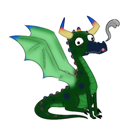 Cartoon dragon with green body, blue and purple accents, small horns, and wings.