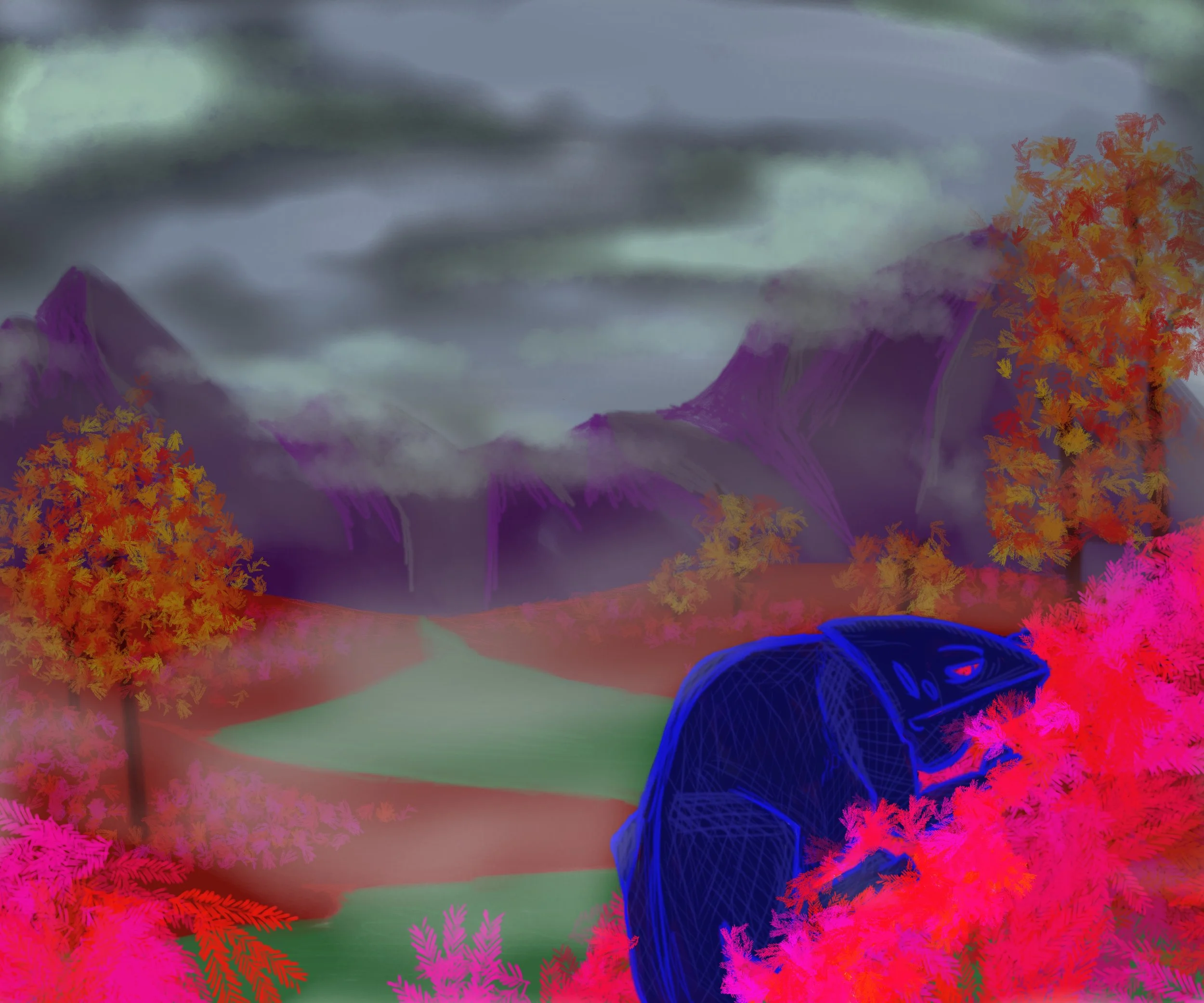 A digital painting of a landscape with purple mountains, dark clouds, and colorful autumn trees with pink and orange leaves. A blue chameleon is placed among the foliage in the foreground.