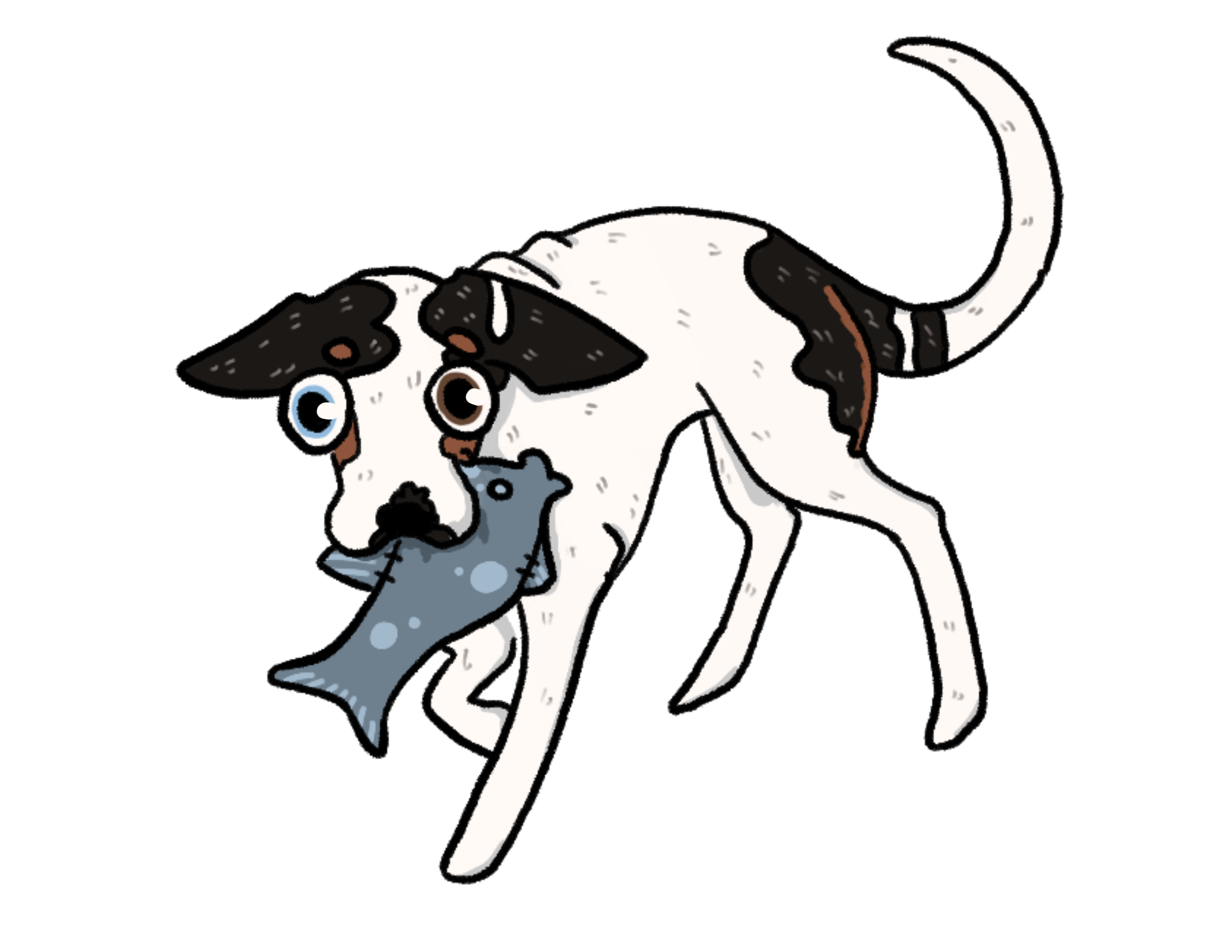 Cartoon dog with black and white fur carrying a fish in its mouth.