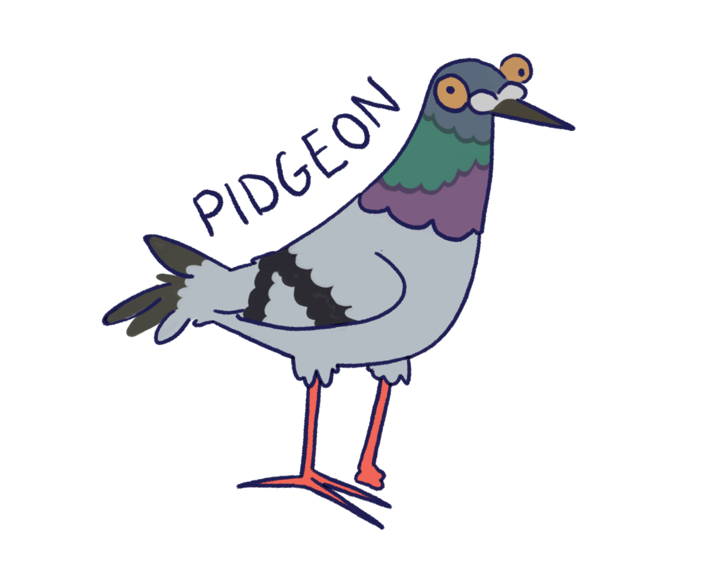 A cartoon-style pigeon with a colorful neck, yellow eyes, and pink legs standing next to a speech bubble that says 'PIGEON'.