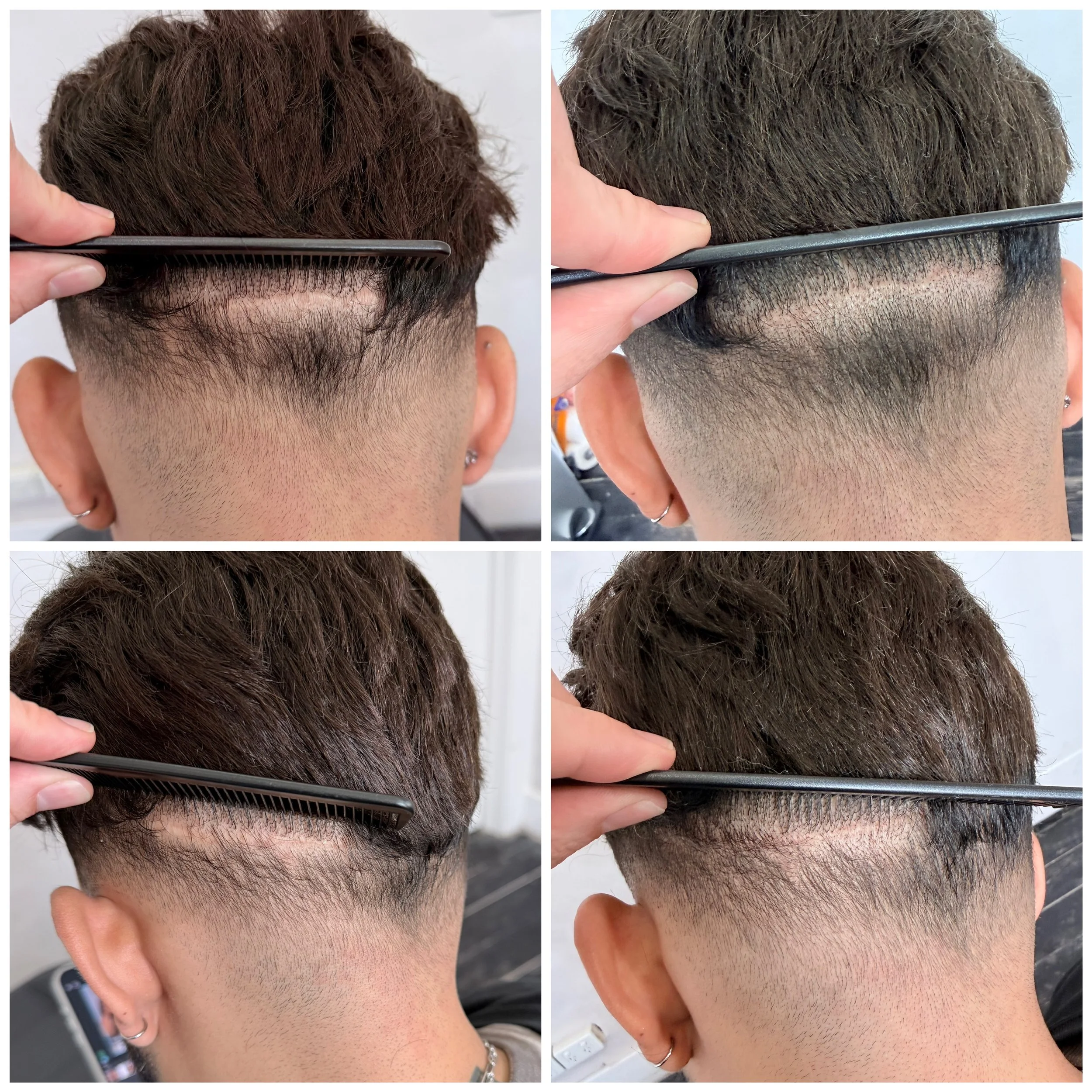 Comparison of a person's haircut before and after a styling or grooming session, showing a change in hair length, texture, and appearance from the front and back views.