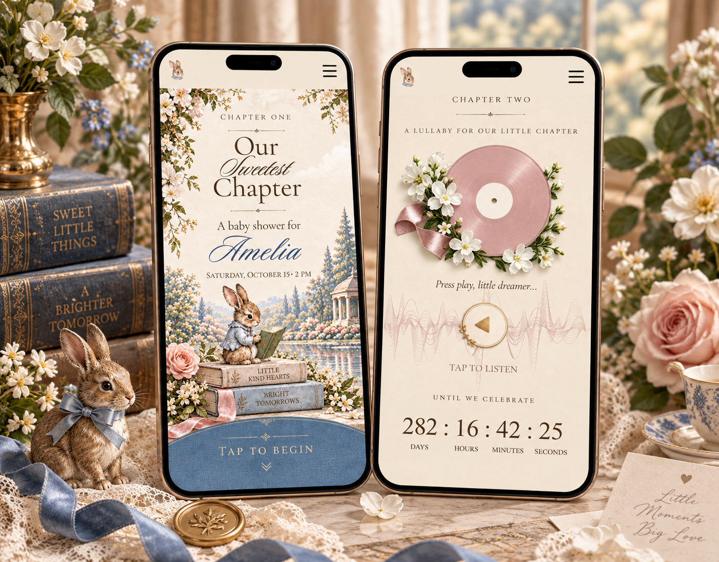 Blush storybook baby shower website template displayed on two phones with pink florals, bunny illustrations and built-in RSVP.