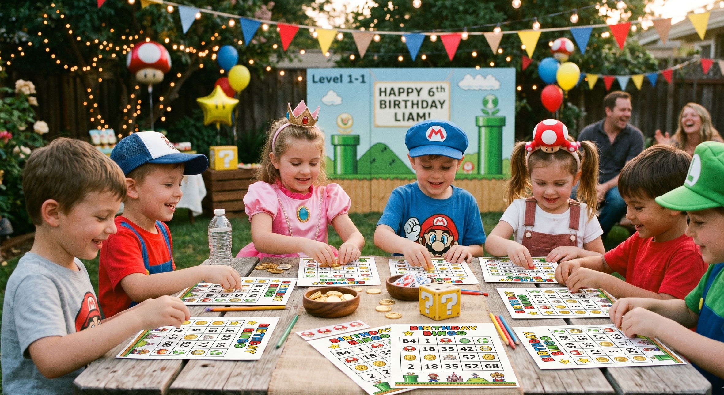 Children in Mario, Luigi, and Princess costumes happily playing Retro Gaming Bingo together at a wooden table during an outdoor Super Mario Level Up birthday celebration. The scene is filled with festive decorations, balloons, and warm string lights
