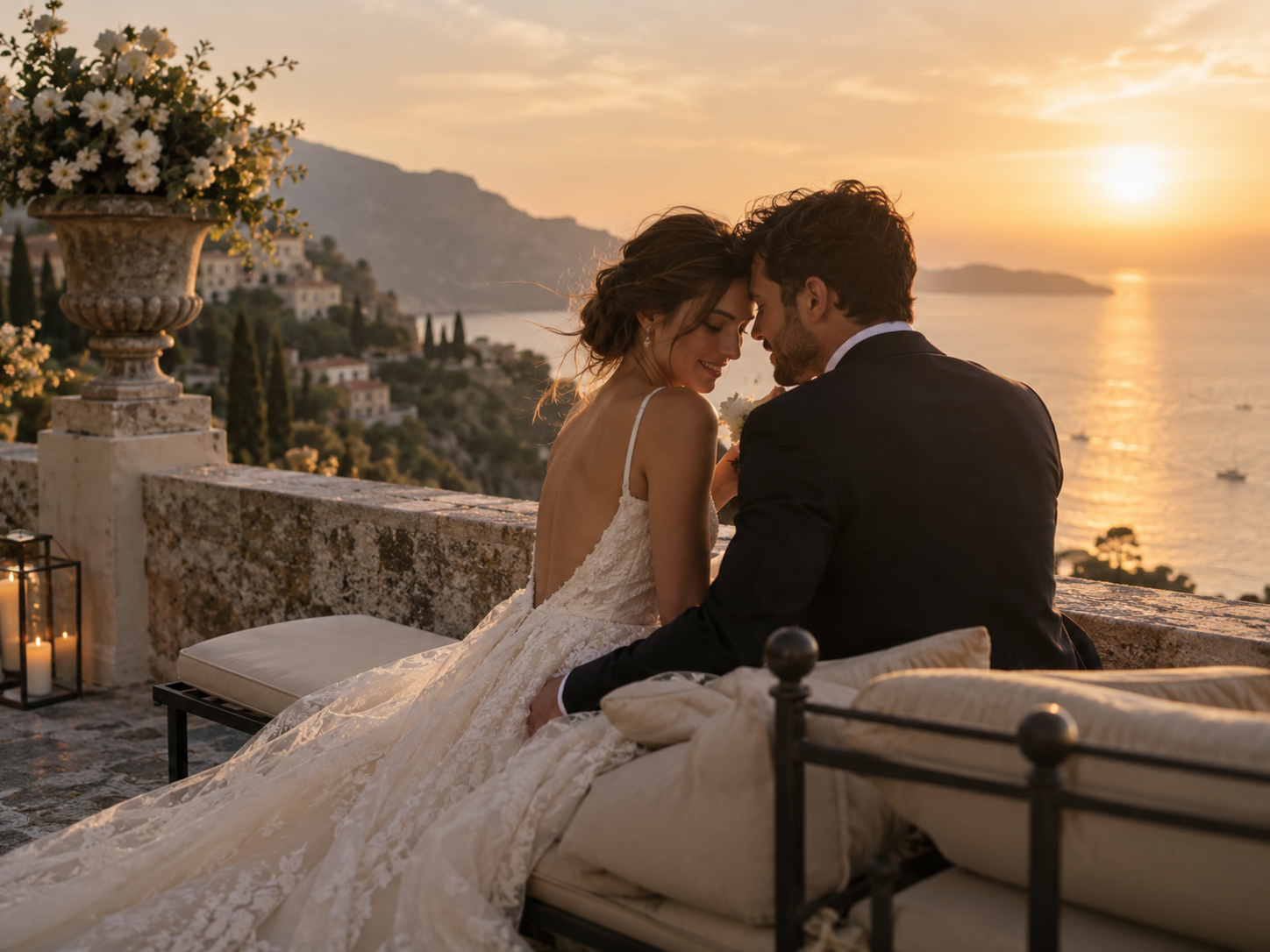 Newlywed couple sharing a quiet moment together at sunset after their wedding