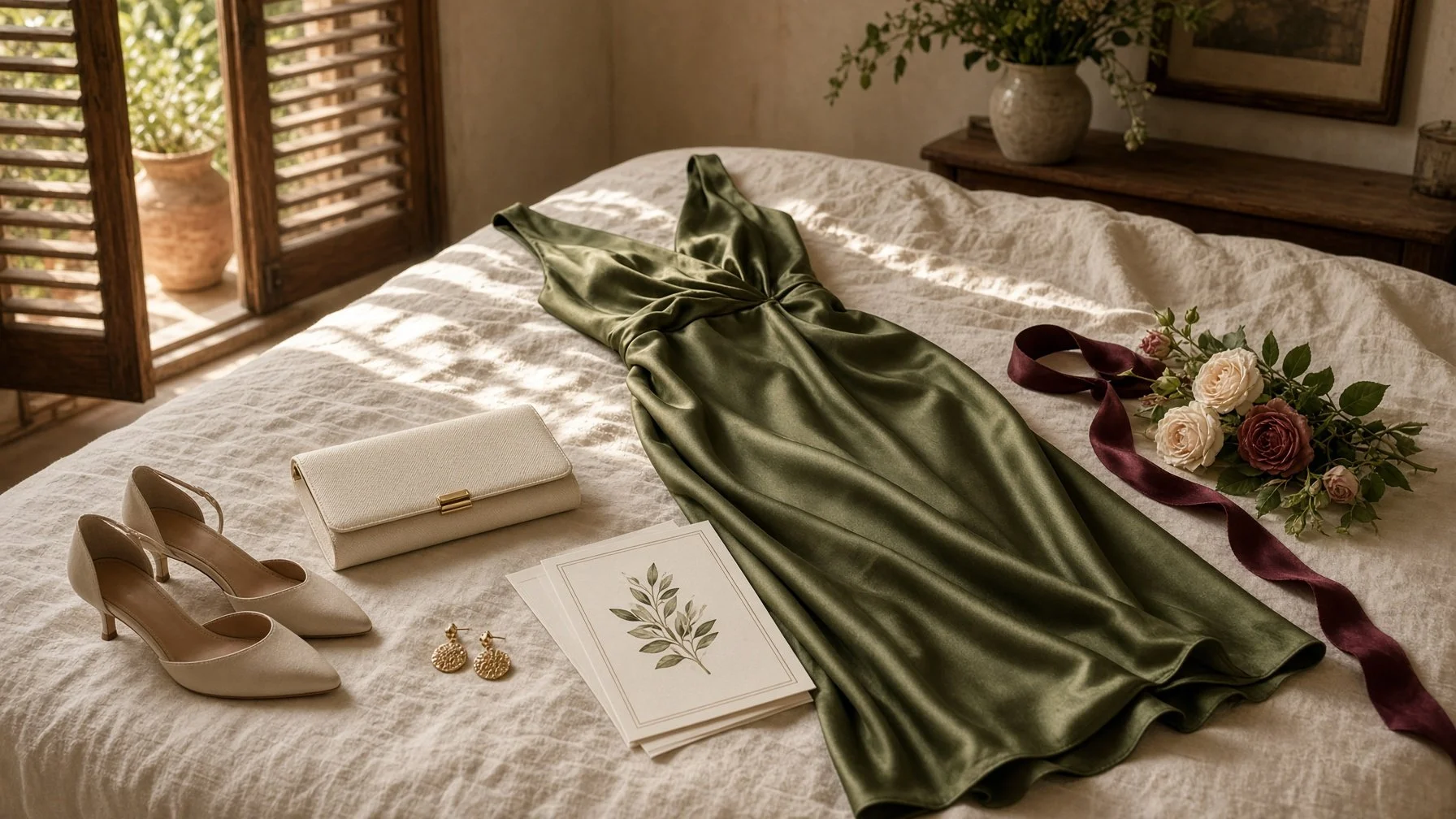 Elegant wedding guest outfit flat lay in a romantic Italian villa bedroom,