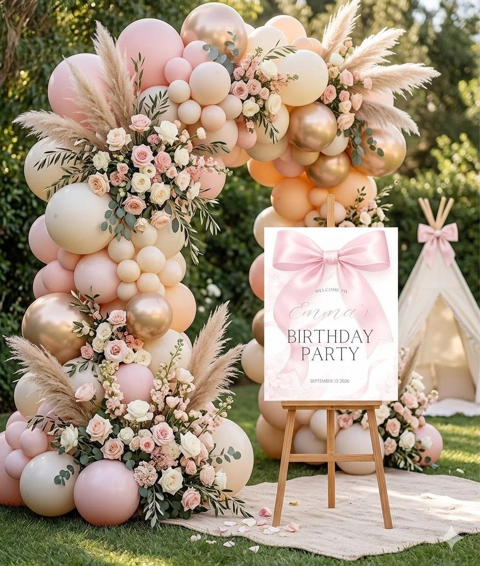 editable soft pink welcome sign with bow design for baby girl first birthday, styled outdoor party setup with balloons and flowers