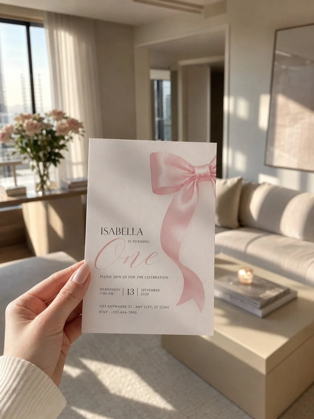 Hand holding a soft blush pink first birthday invitation with elegant satin bow illustration for Isabella turning one, styled in luxury aesthetic