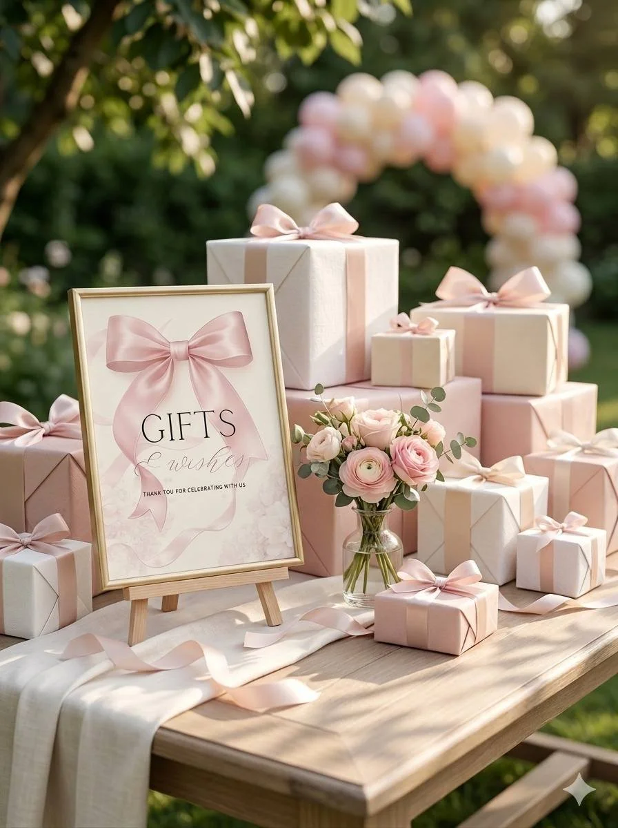 baby girl first birthday gift table sign with pink bow, printable party decor and gift table ideas