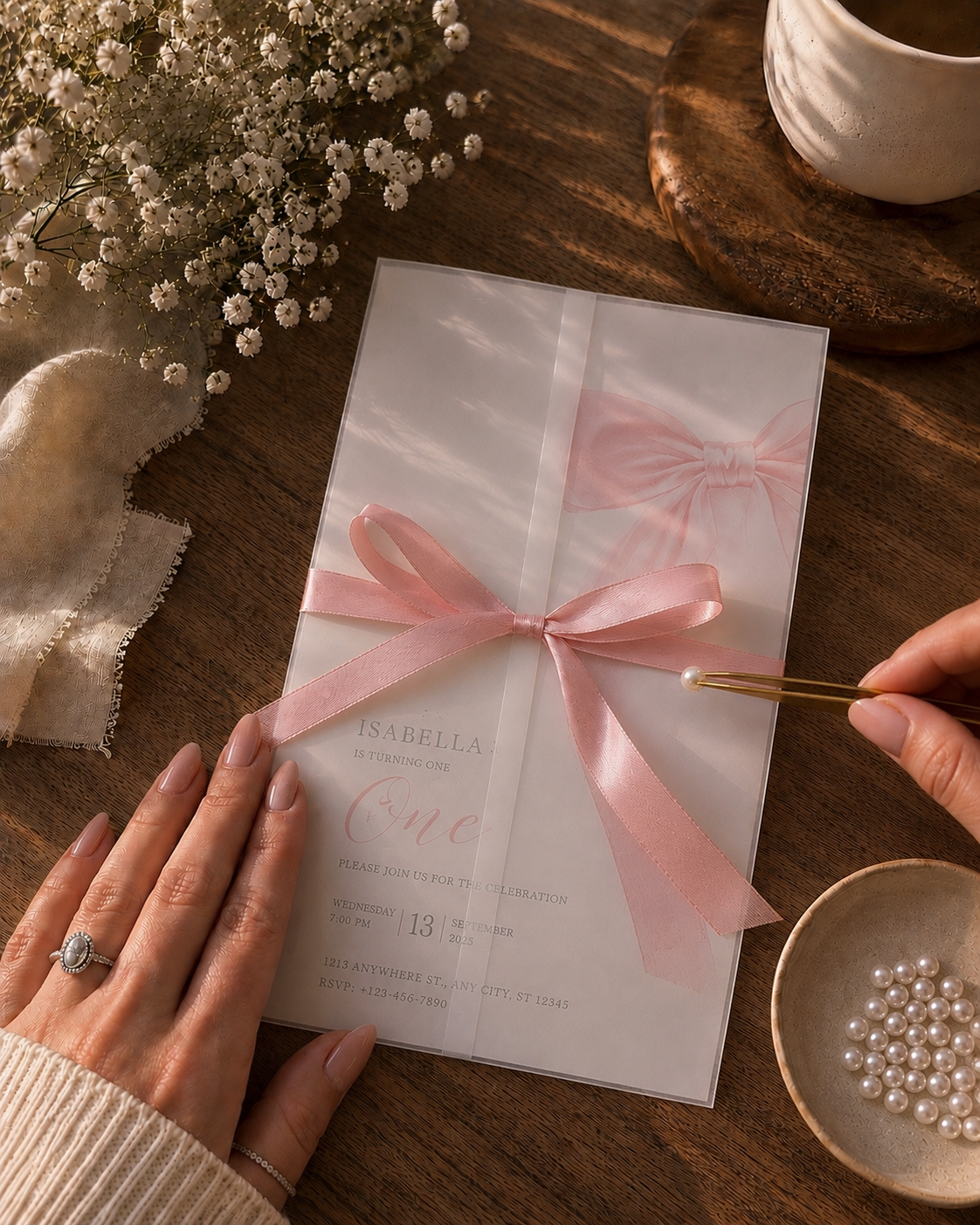 Flat lay styling of luxury invitation: adding delicate pearl stickers to vellum envelope with pink satin ribbon using tweezers