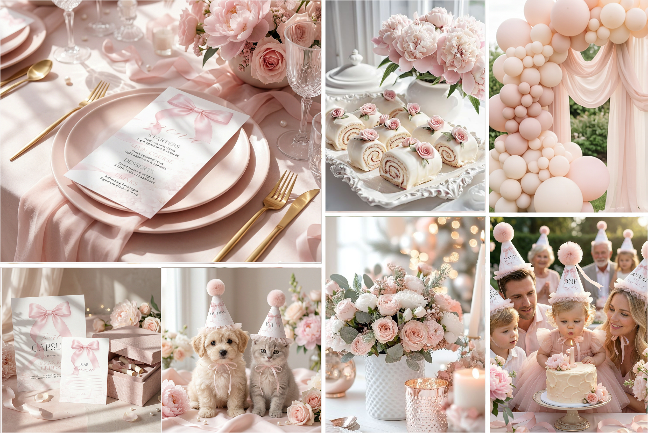 pink bow first birthday party setup, baby girl birthday decoration ideas, elegant pink theme