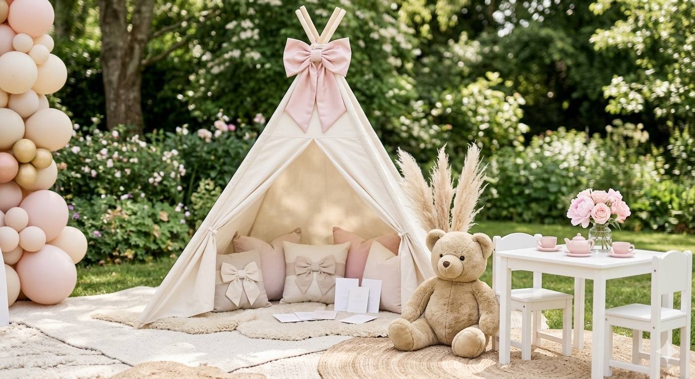 first birthday teepee setup for baby girl with soft pink decor and kids party play area ideas