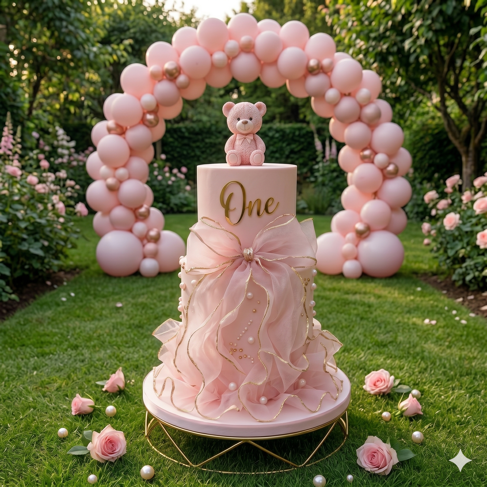 first birthday cake for baby girl with pink bow and teddy bear topper, pastel balloon arch party decor