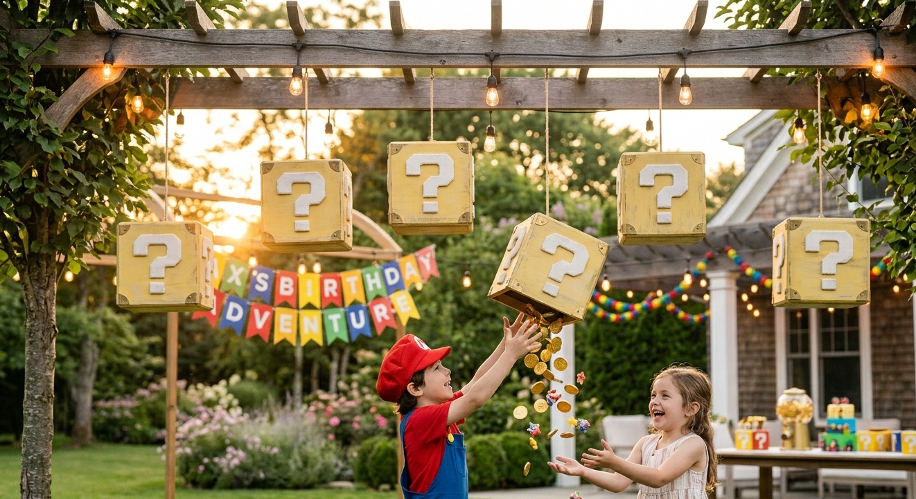 Happy kids in Mario costumes opening yellow question mark boxes and catching falling gold coins at a dreamy outdoor Super Mario Level Up birthday party during golden hour
