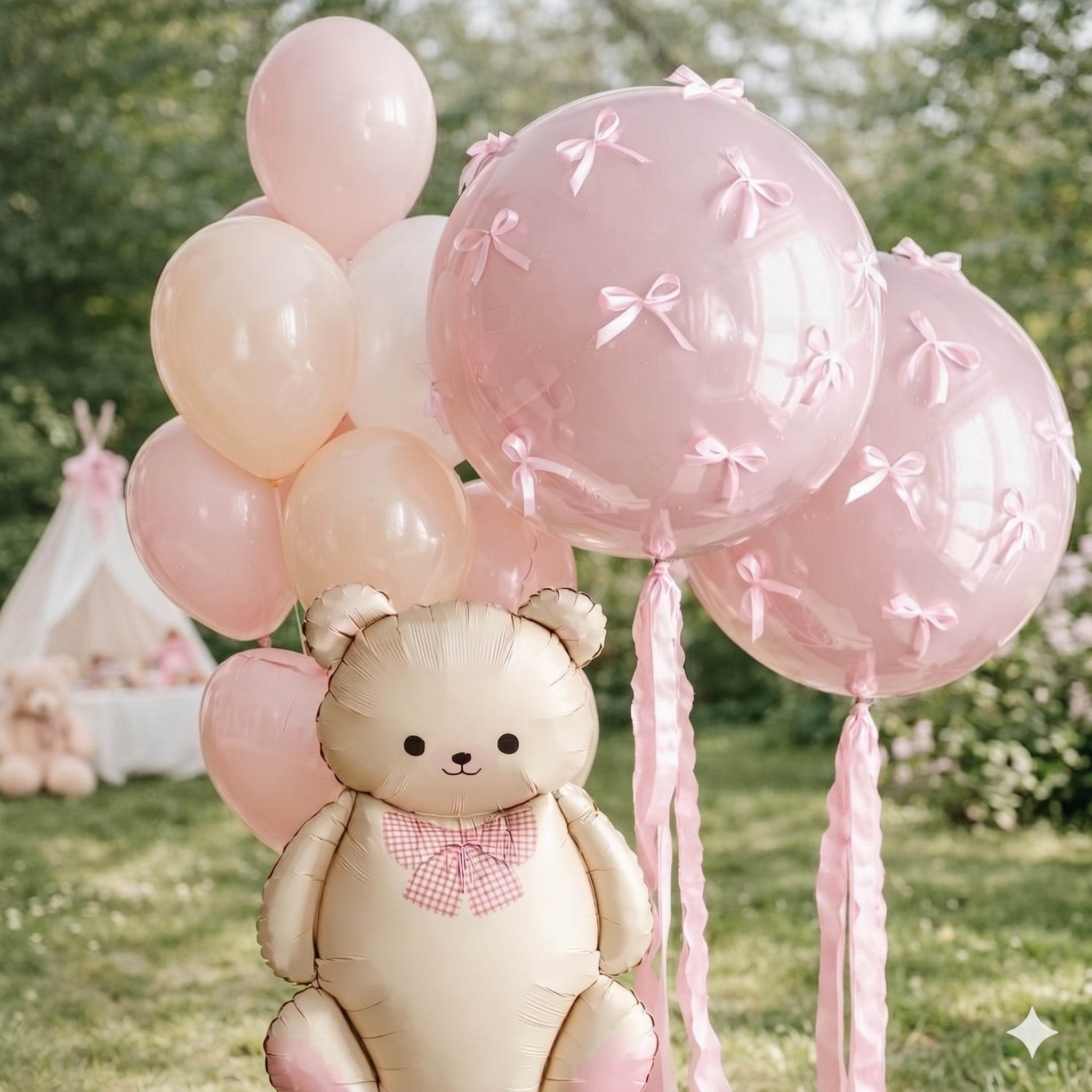 soft pink balloon decoration with teddy bear for baby girl first birthday outdoor party