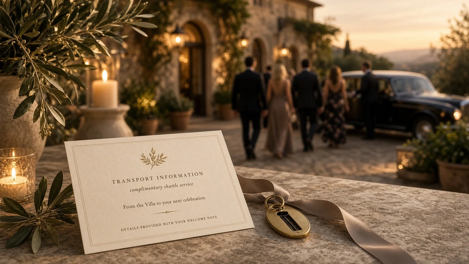 Wedding guests gathering near arranged transport outside a romantic Italian villa wedding venue.