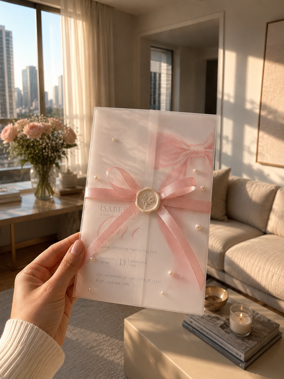 Complete luxury first birthday invitation suite in hand: vellum envelope, pink satin ribbon, pearl details and wax seal, soft natural sunlight