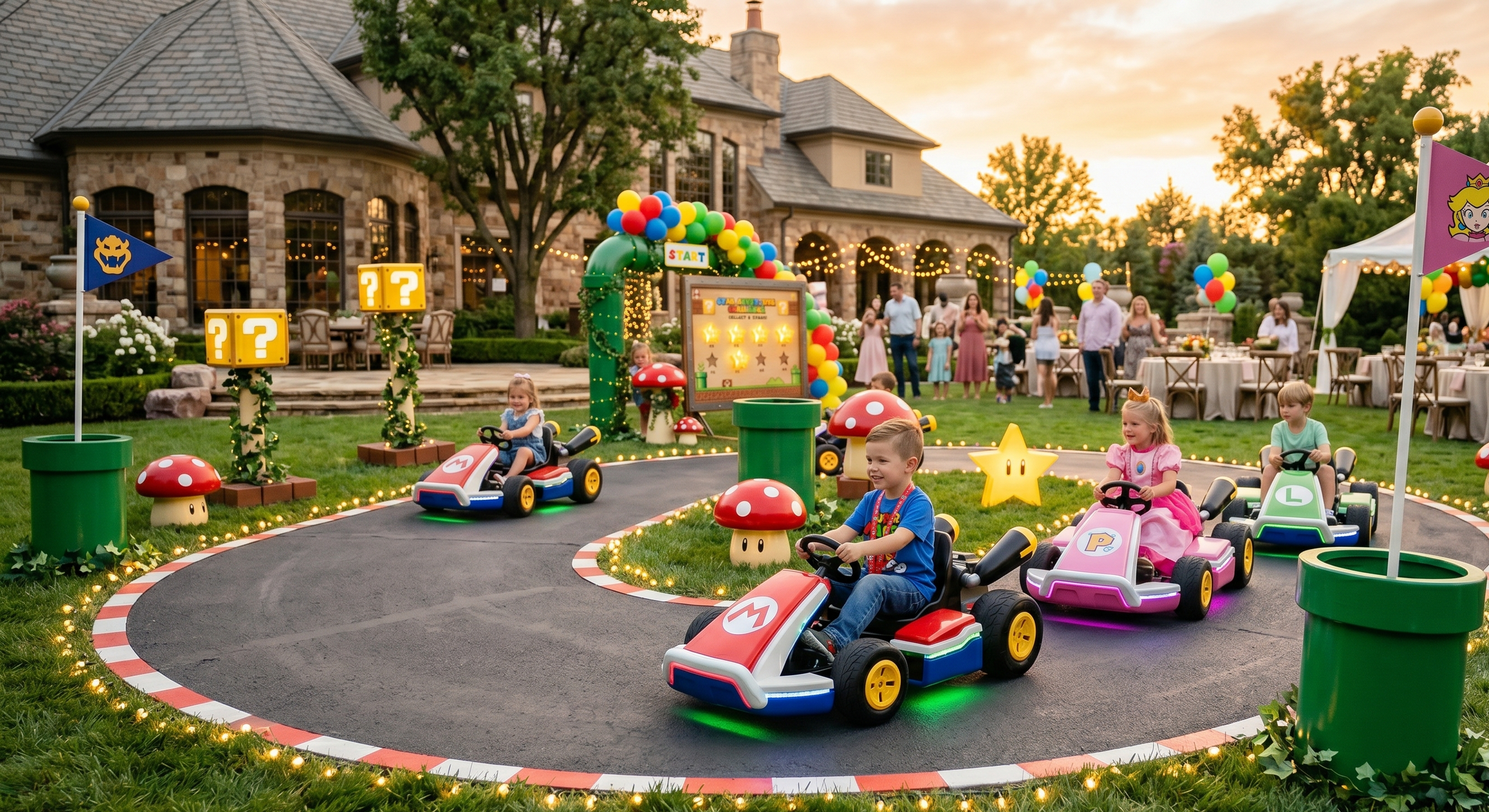 Kids enjoying an epic Mario Kart Racing Challenge on a glowing backyard race track at a Super Mario themed birthday party.