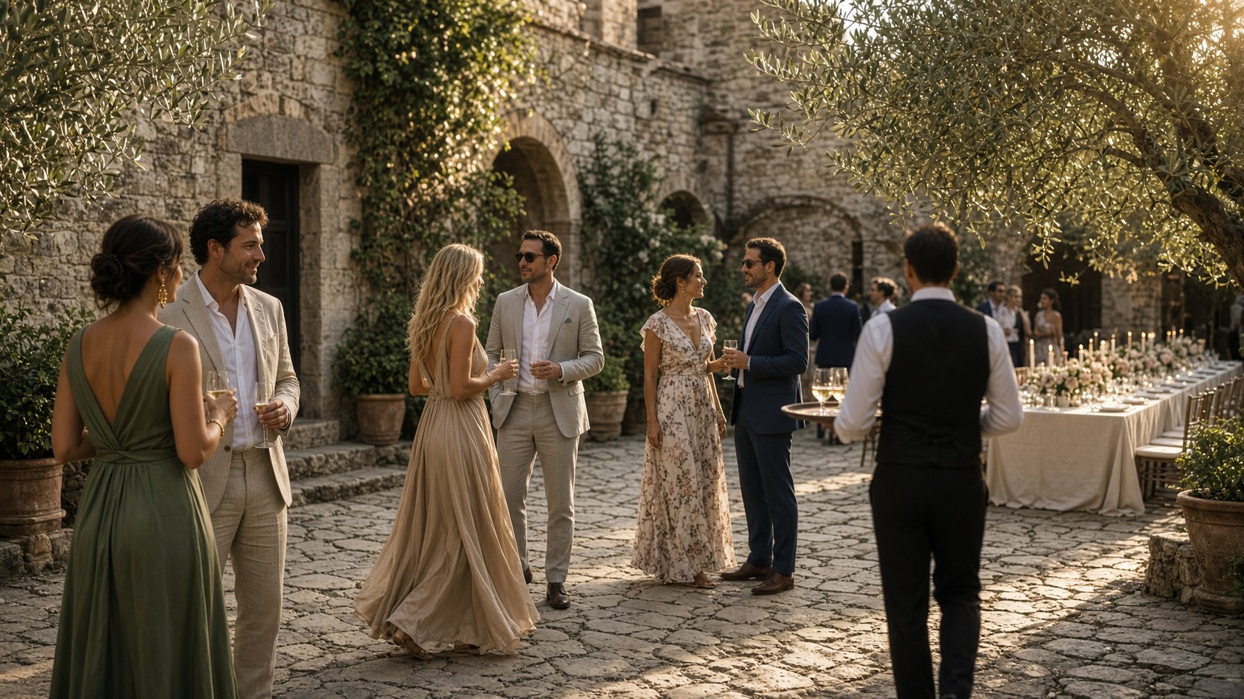 Organised wedding transportation waiting outside an elegant Italian villa as guests prepare to leave.