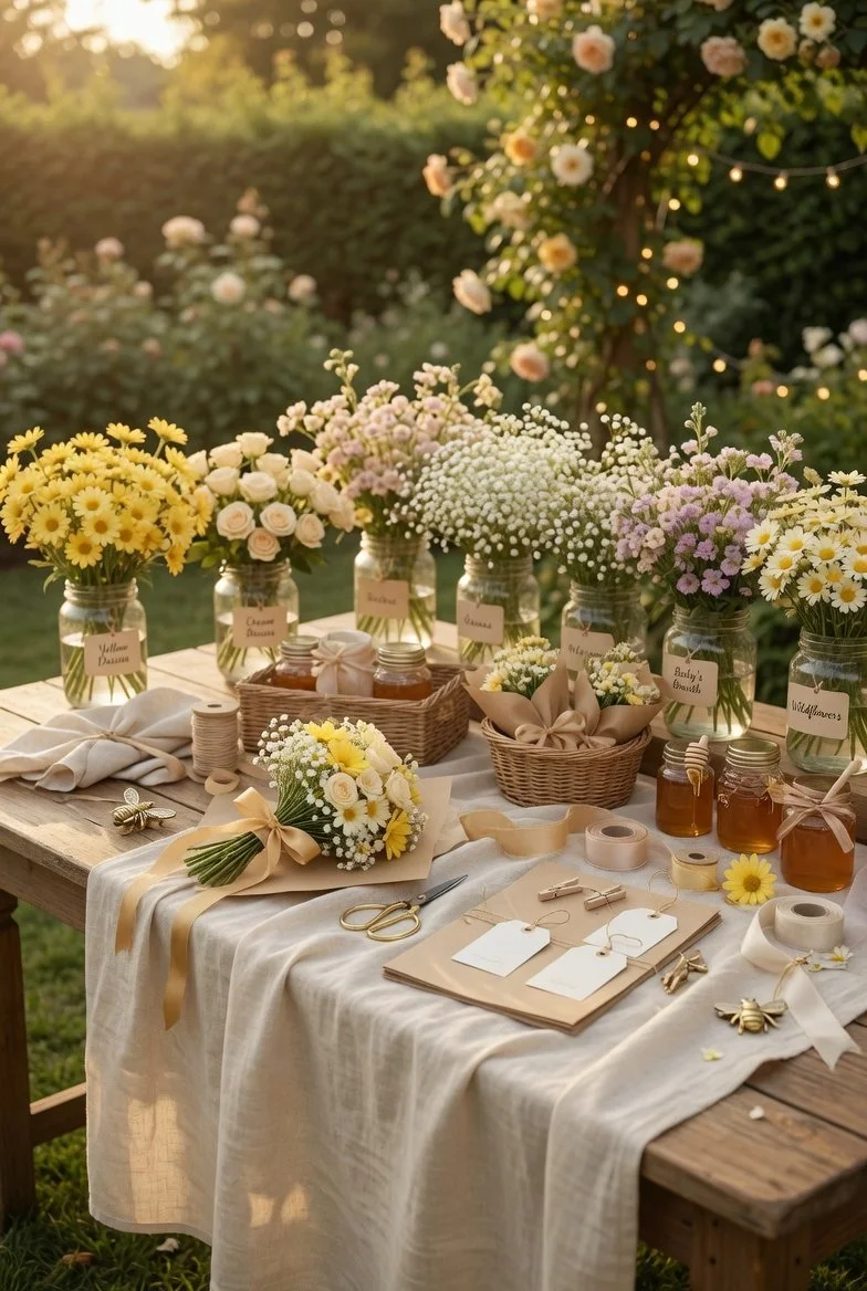 baby shower flower bar with daisies and soft yellow bouquet station in garden setting