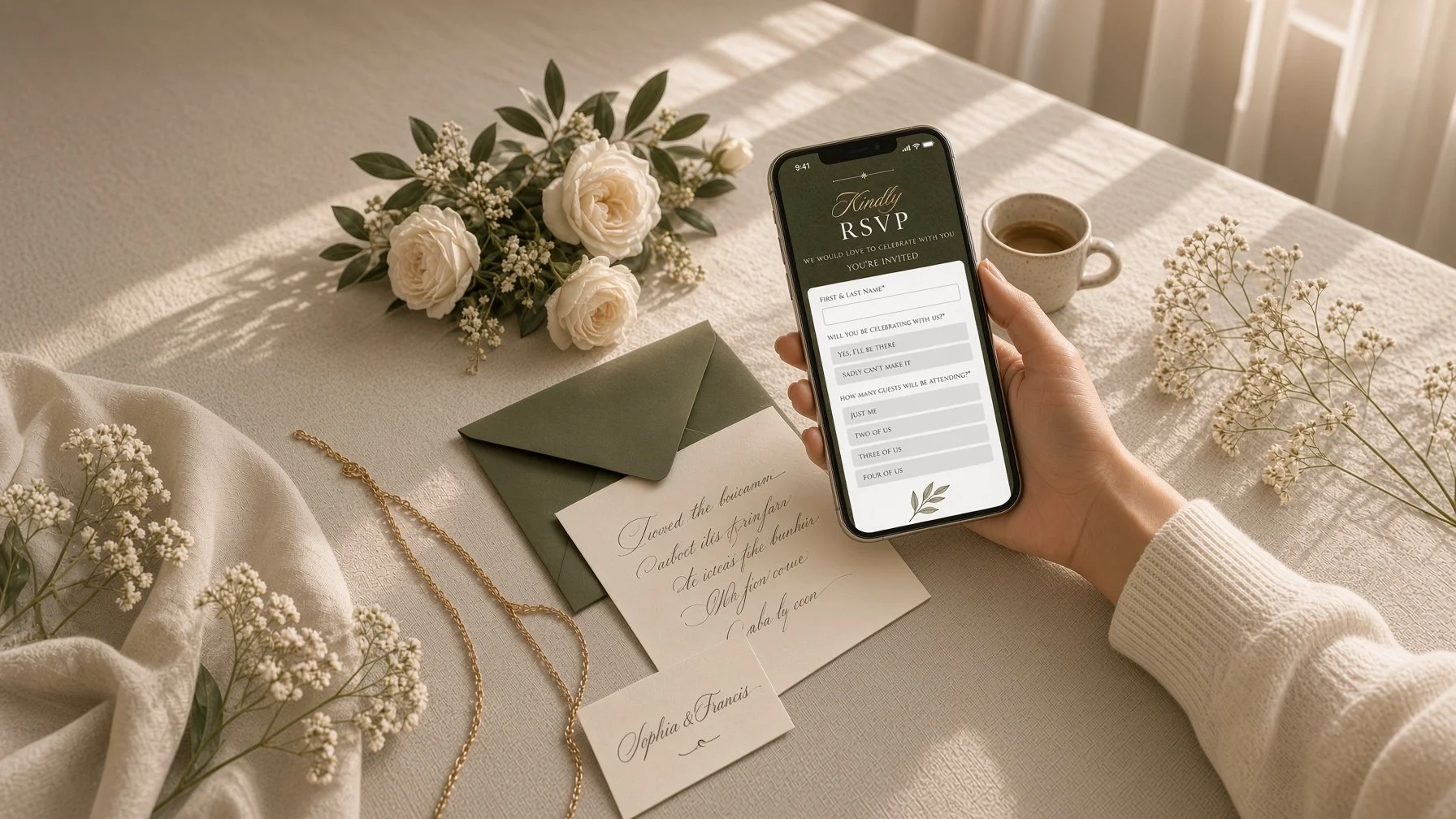 Olive green wedding website with RSVP details, QR code and elegant Italian-inspired wedding stationery.