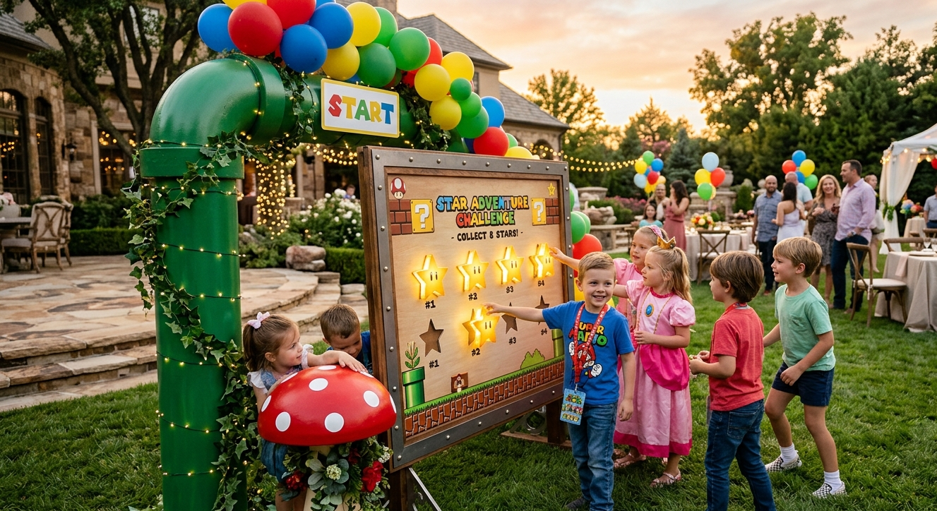Excited children at a Super Mario birthday party gathered around a large illuminated Star Adventure Challenge board, proudly placing glowing stars as they complete activities.