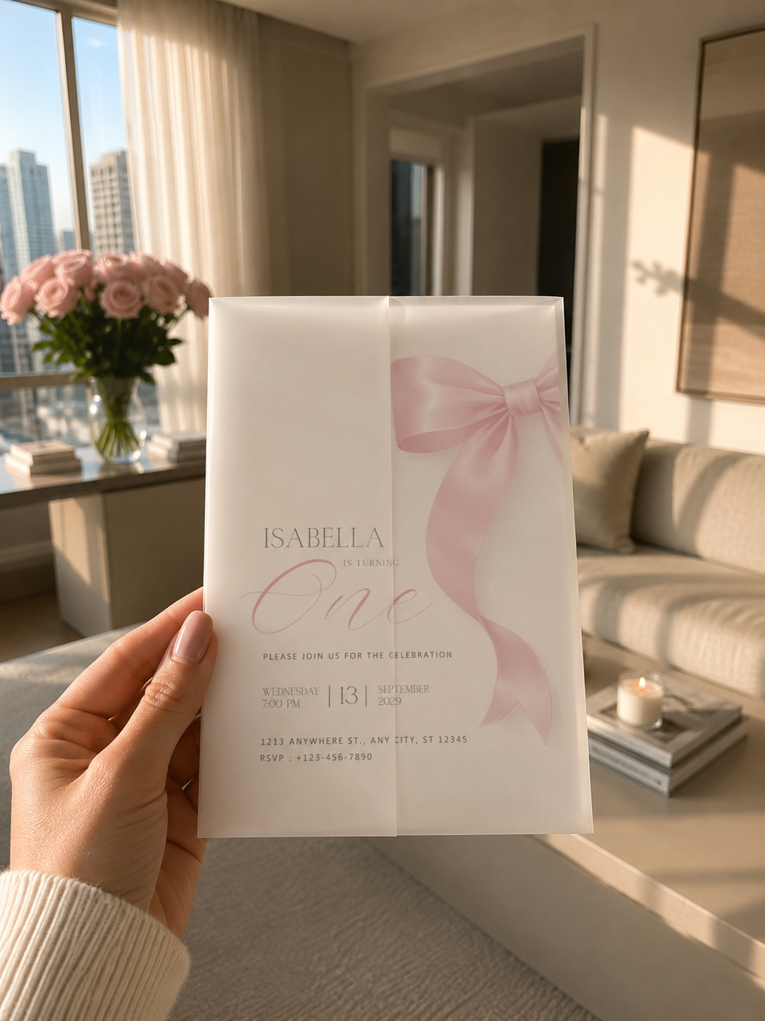 First birthday invitation placed inside frosted translucent vellum envelope, creating soft luxury layered look, held in bright sunlit room