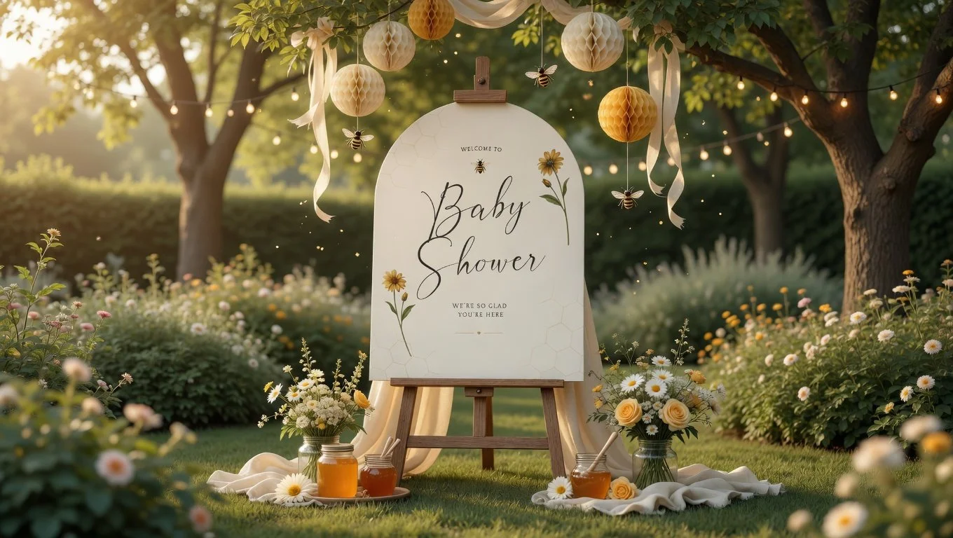 bee themed baby shower welcome sign in garden, honey yellow decor, elegant outdoor party styling