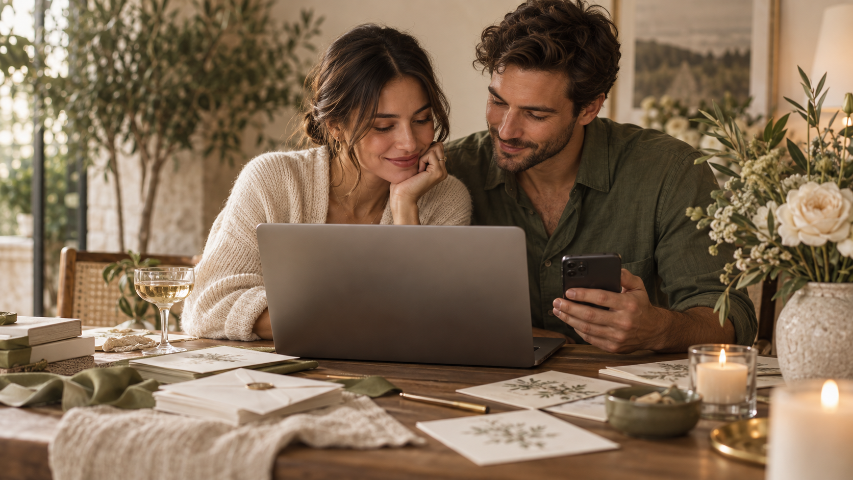 Engaged couple planning their wedding together at home