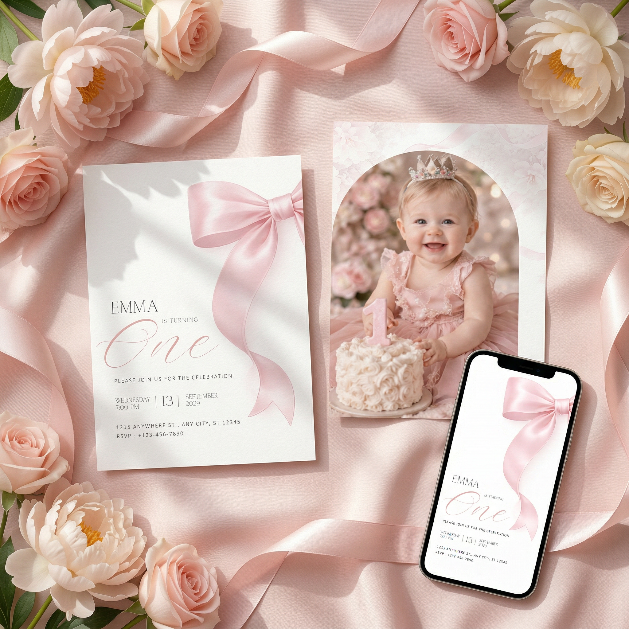 baby girl first birthday invitation with pink bow, printable template, editable in canva, matching digital invite on phone
