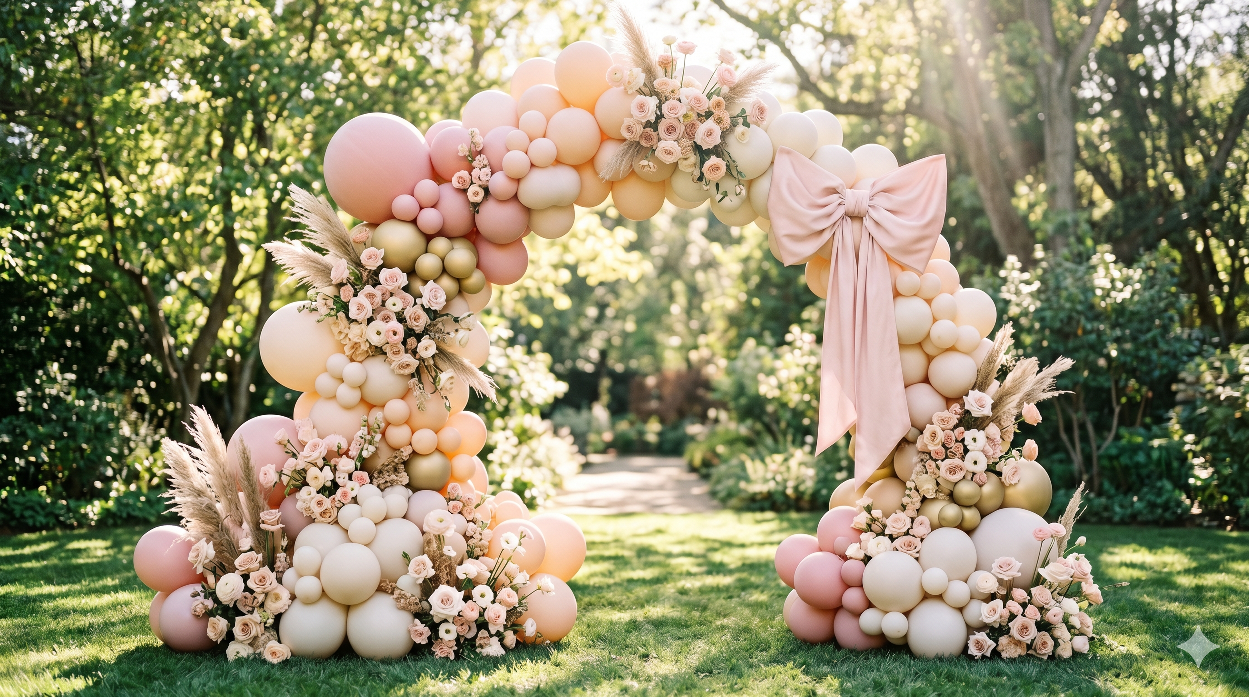 soft pink and gold balloon arch with floral decor for baby girl first birthday, elegant outdoor party setup with blush tones