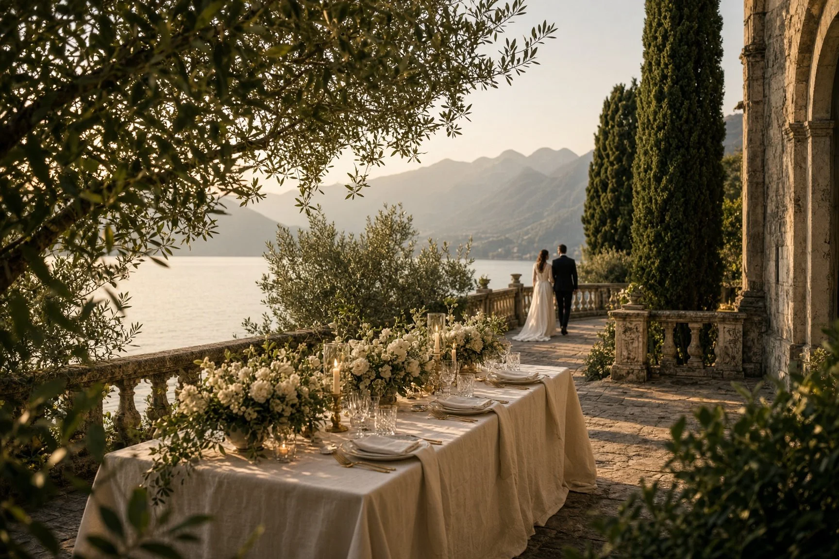 Elegant olive green wedding website displayed on laptop and phone at a romantic Italian wedding venue