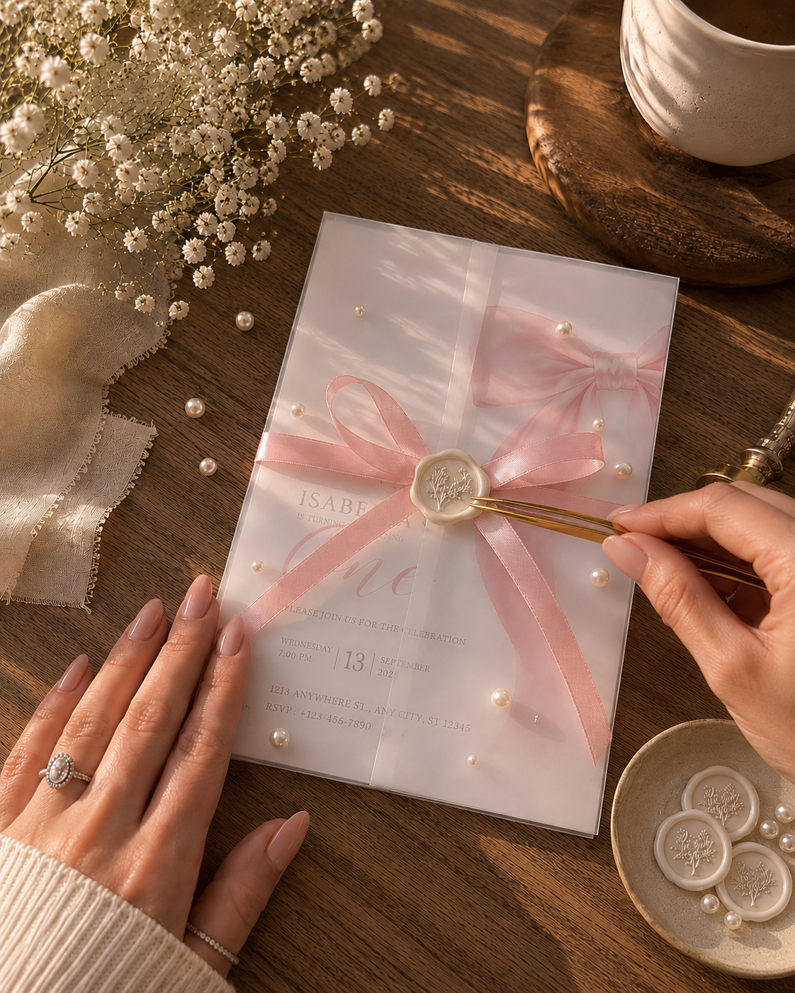 Flat lay of luxury invitation suite: placing pearlescent ivory wax seal with floral design onto pink satin ribbon and vellum