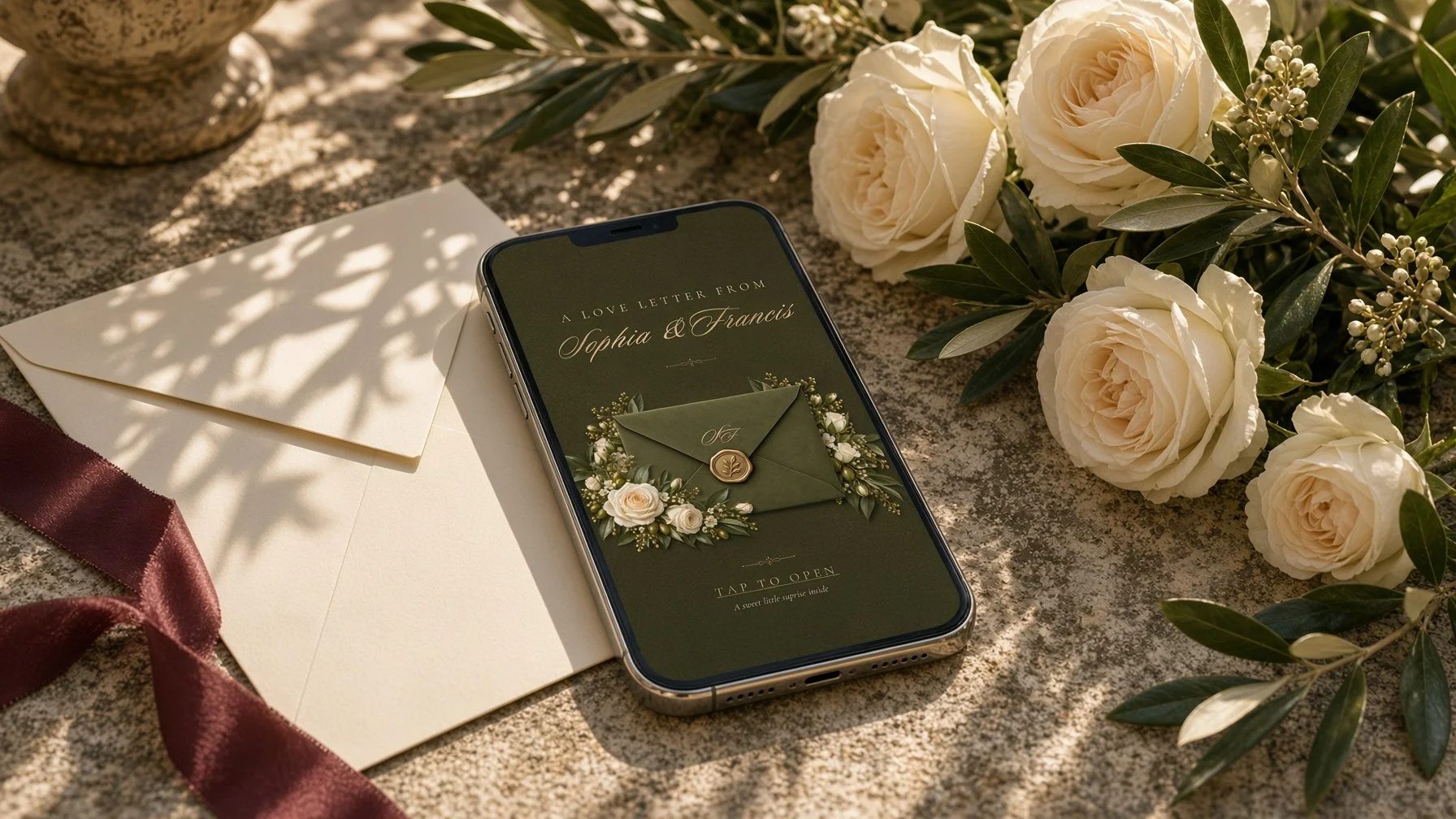 Olive and ivory wedding website displayed on a smartphone with elegant wedding stationery, white roses and burgundy ribbon.