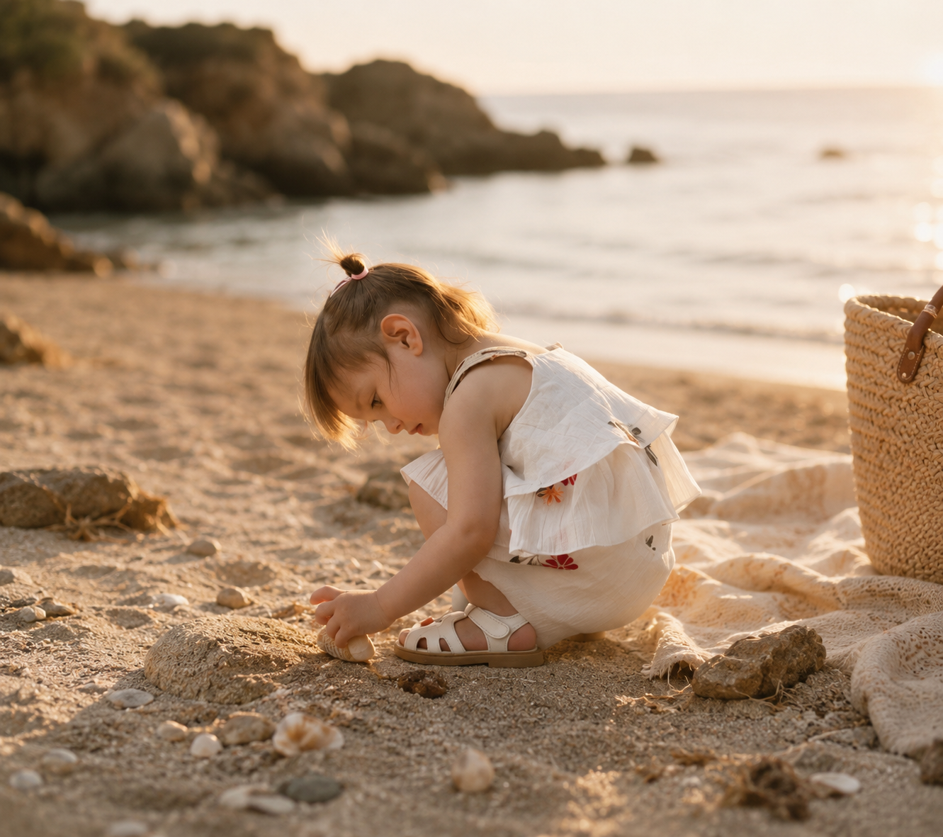 A young girl wearing a white dress with colorful flower patterns is crouched on a sandy beach, playing with shells and rocks during sunset, with rocky cliffs and the ocean in the background, beside a woven straw bag and a blanket.
