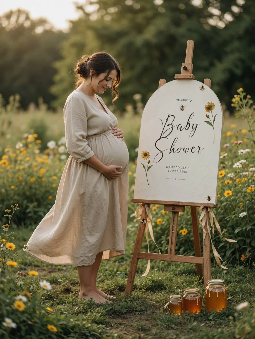 elegant bee themed baby shower welcome sign in outdoor garden with daisies, honey jars and soft yellow decorations