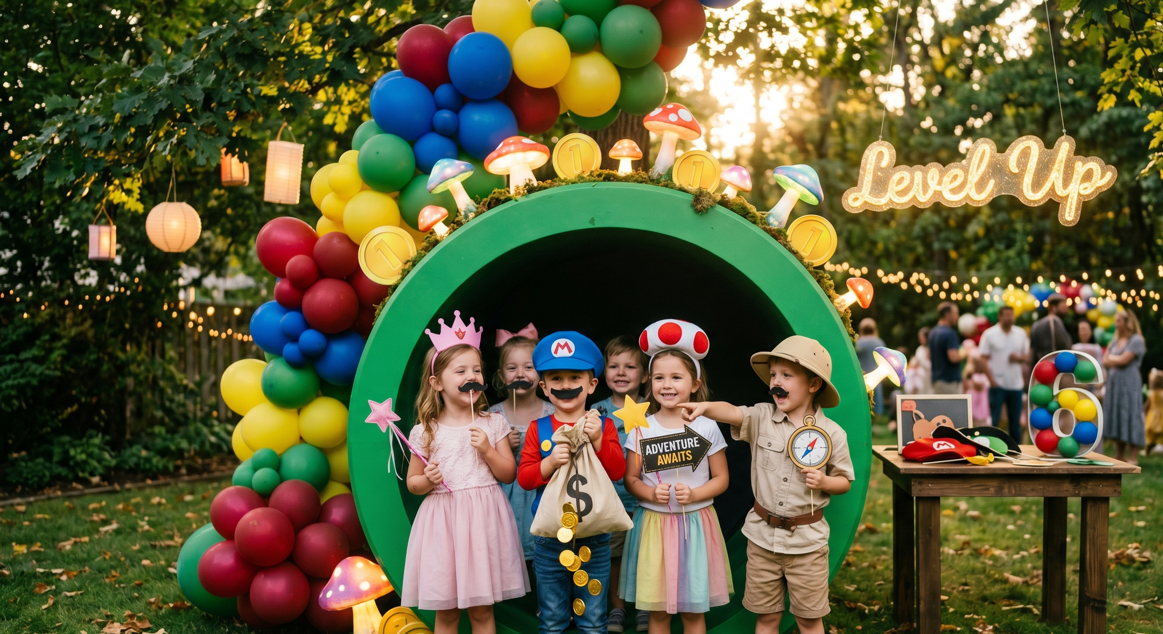 Children in costumes smiling and posing with props at the Level Up Photo Booth during a beautiful Mario-themed backyard birthday party. Golden hour lighting and festive decorations create a magical atmosphere.