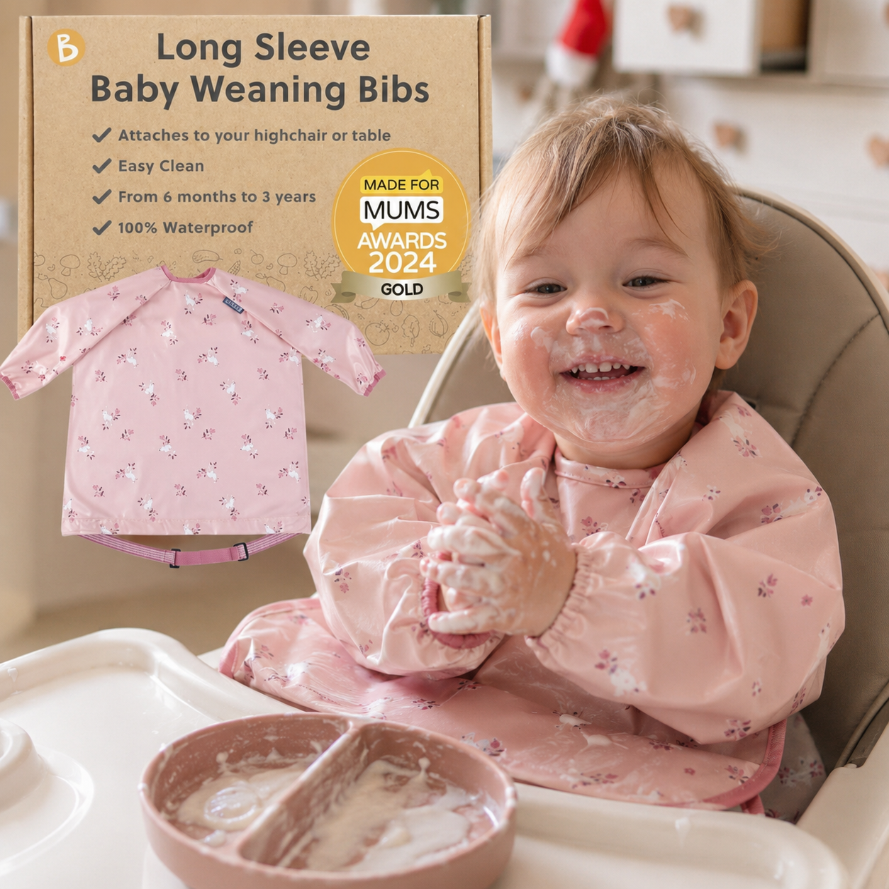 BIBaDO Long Sleeve Weaning Bib
One of our favourite weaning essentials. The clever design attaches to the highchair and helps keep clothes, laps and floors much cleaner during mealtimes. Easy to wipe clean, waterproof and perfect for baby-led weaning